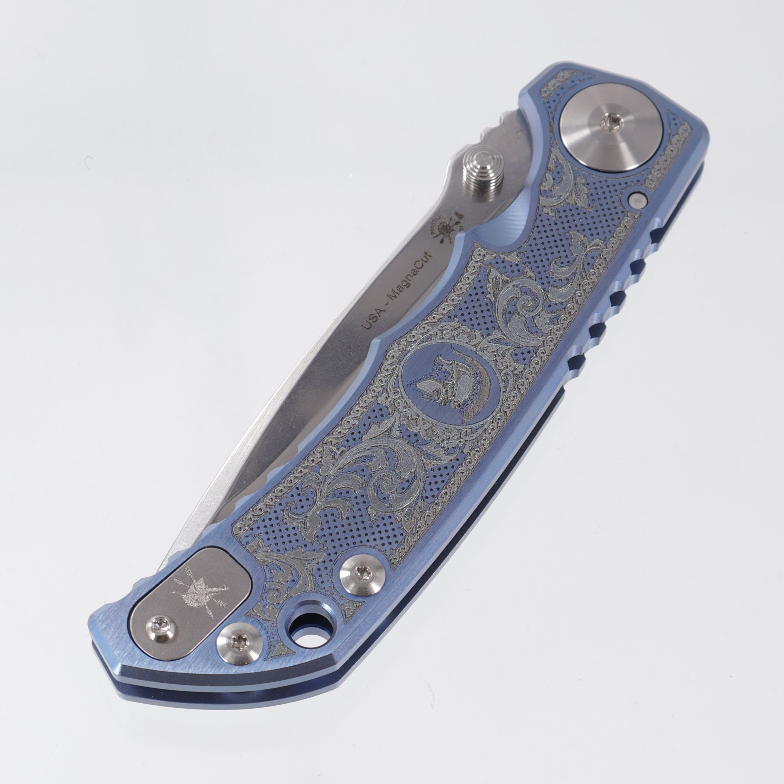 Spartan Blades Spartan-Harsey Folder - Flourishes Edition - Blue Ano w/ Silver Hardware - Stonewash Magnacut