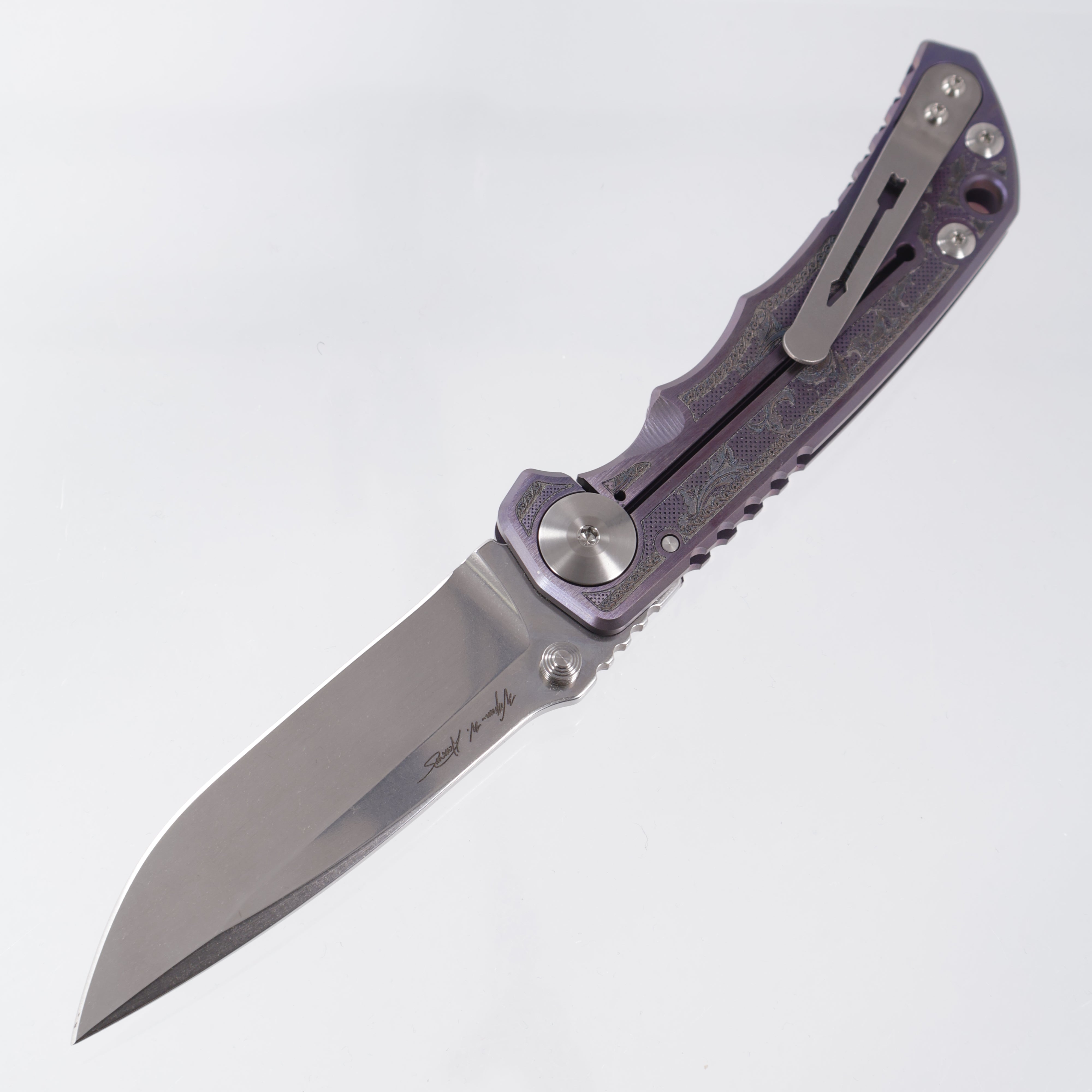 Spartan Blades Spartan-Harsey Folder - Flourishes Edition - Purple Ano w/ Silver Hardware - Stonewash Magnacut