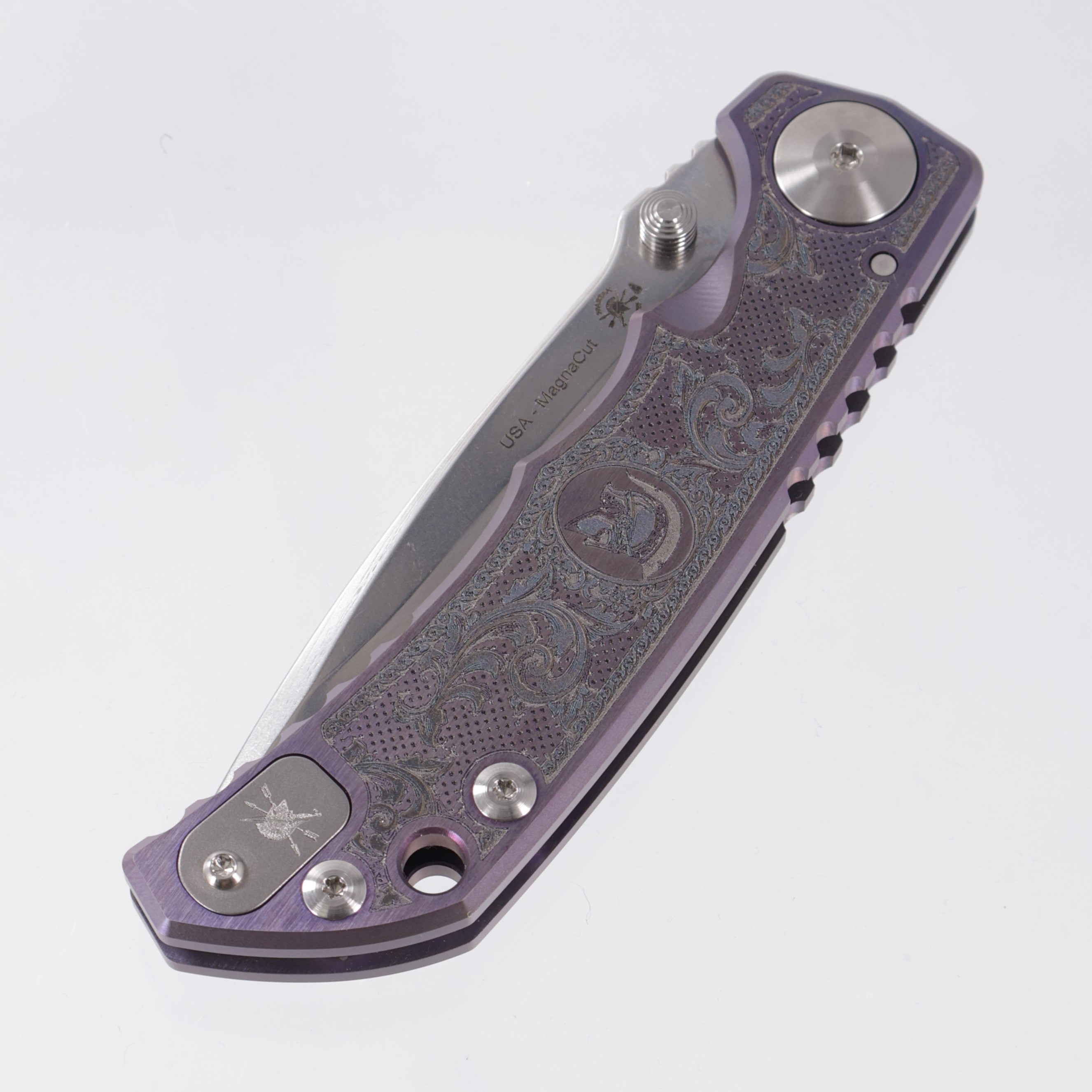 Spartan Blades Spartan-Harsey Folder - Flourishes Edition - Purple Ano w/ Silver Hardware - Stonewash Magnacut