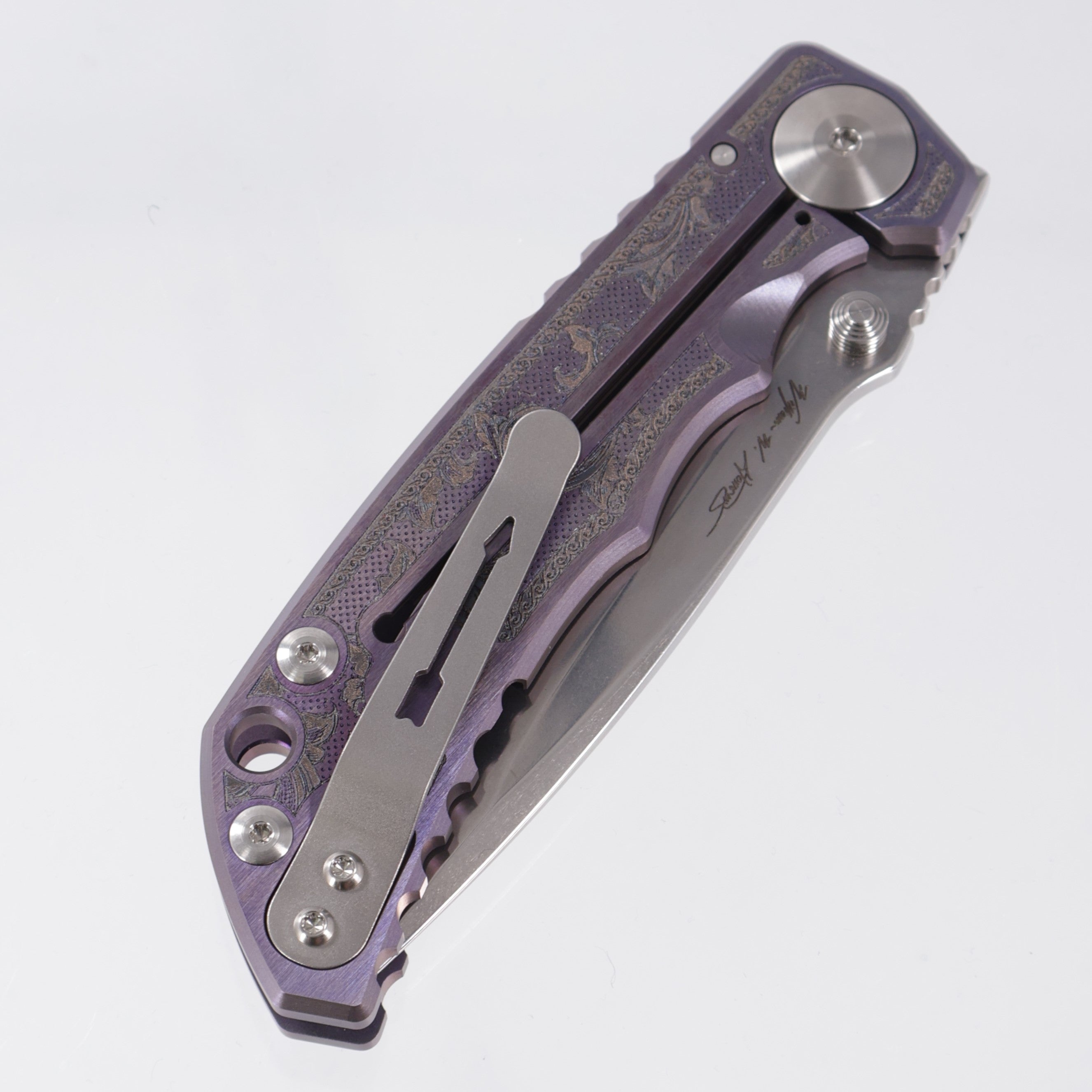 Spartan Blades Spartan-Harsey Folder - Flourishes Edition - Purple Ano w/ Silver Hardware - Stonewash Magnacut
