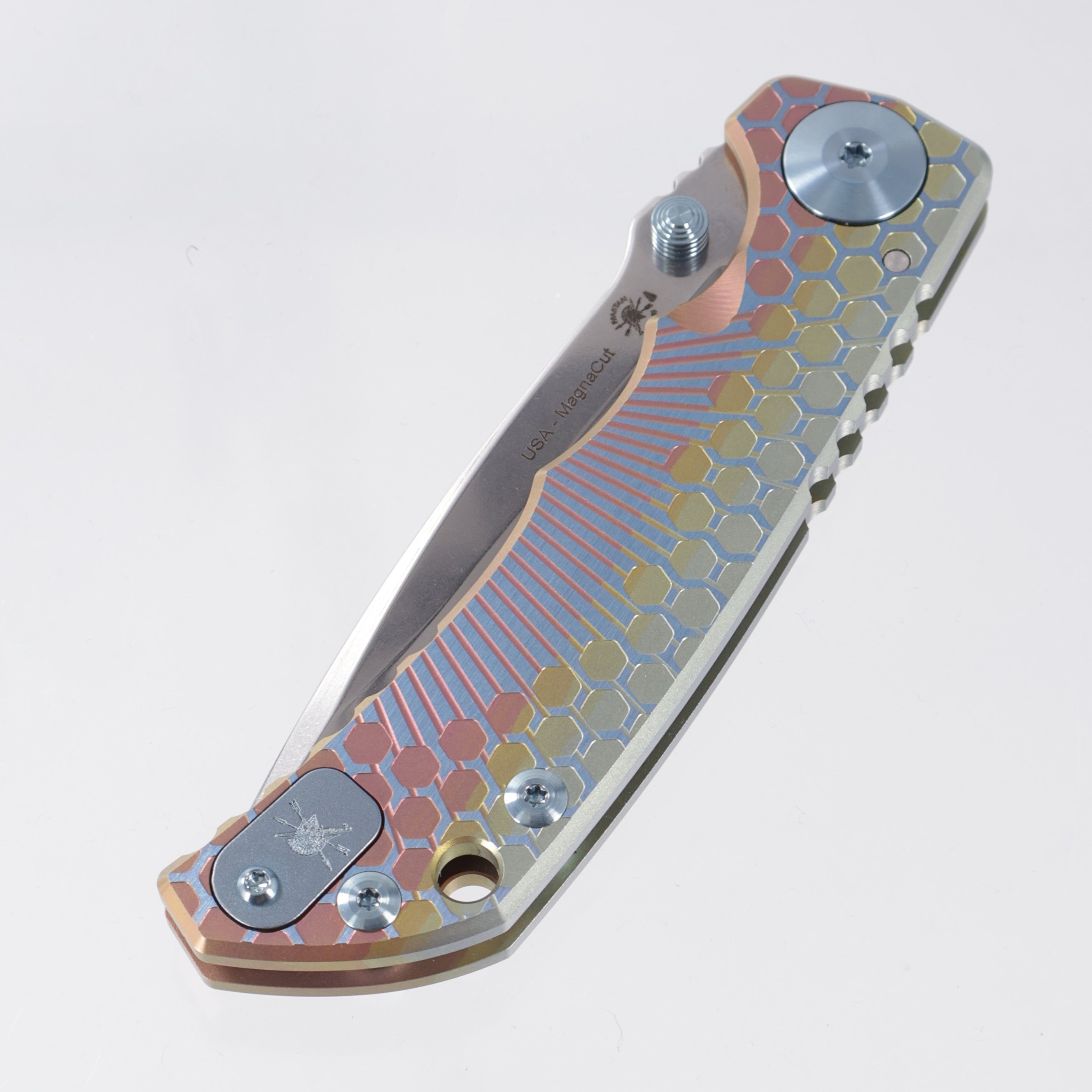Spartan Blades Spartan-Harsey Folder - Octaburst Edition - Rainbow Ano w/ Blue Hardware - Stonewash Magnacut