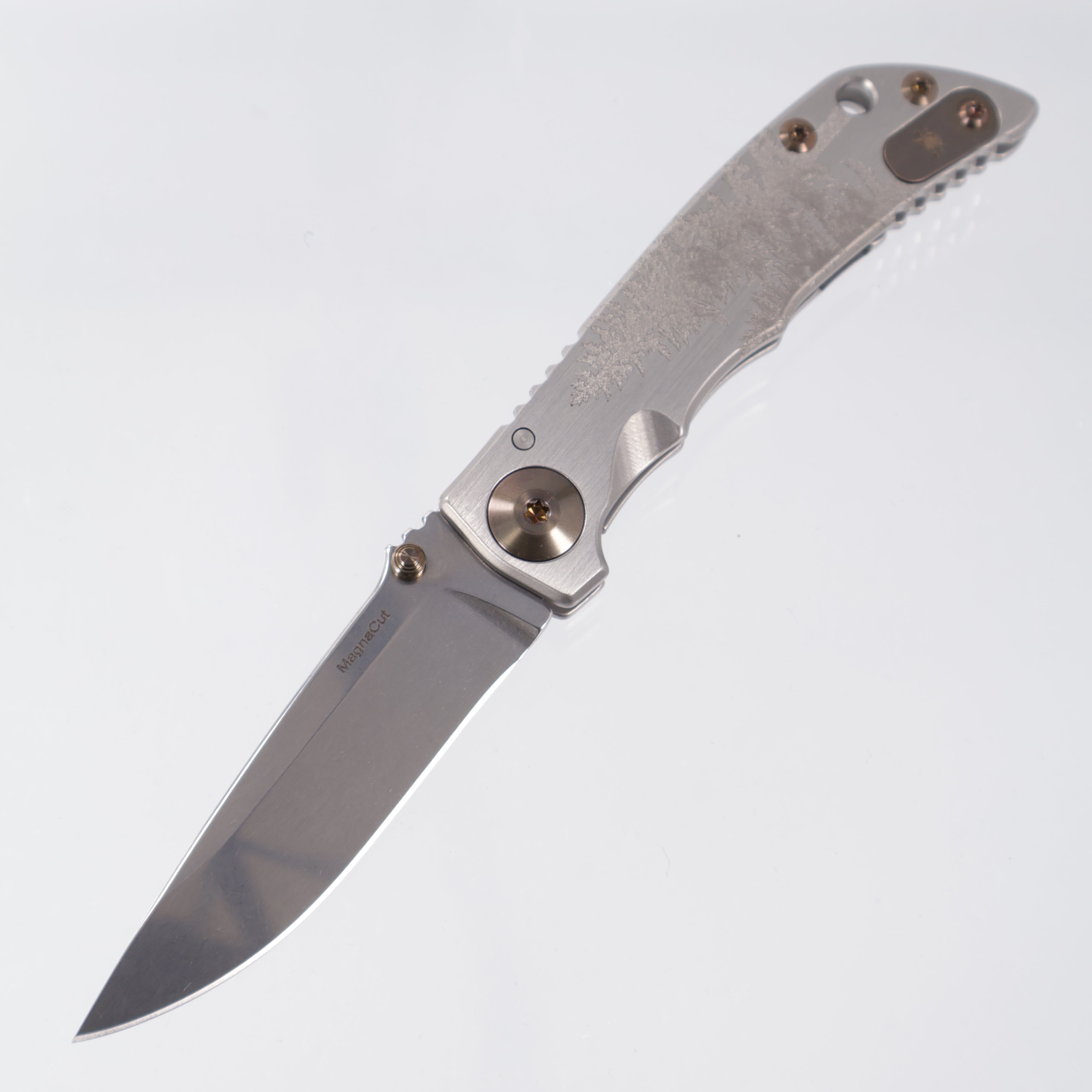 Spartan Blades Spartan-Harsey Folder 3.25" - Fir Trees Edition - Satin Handle w/ Bronze Hardware - Stonewash Magnacut