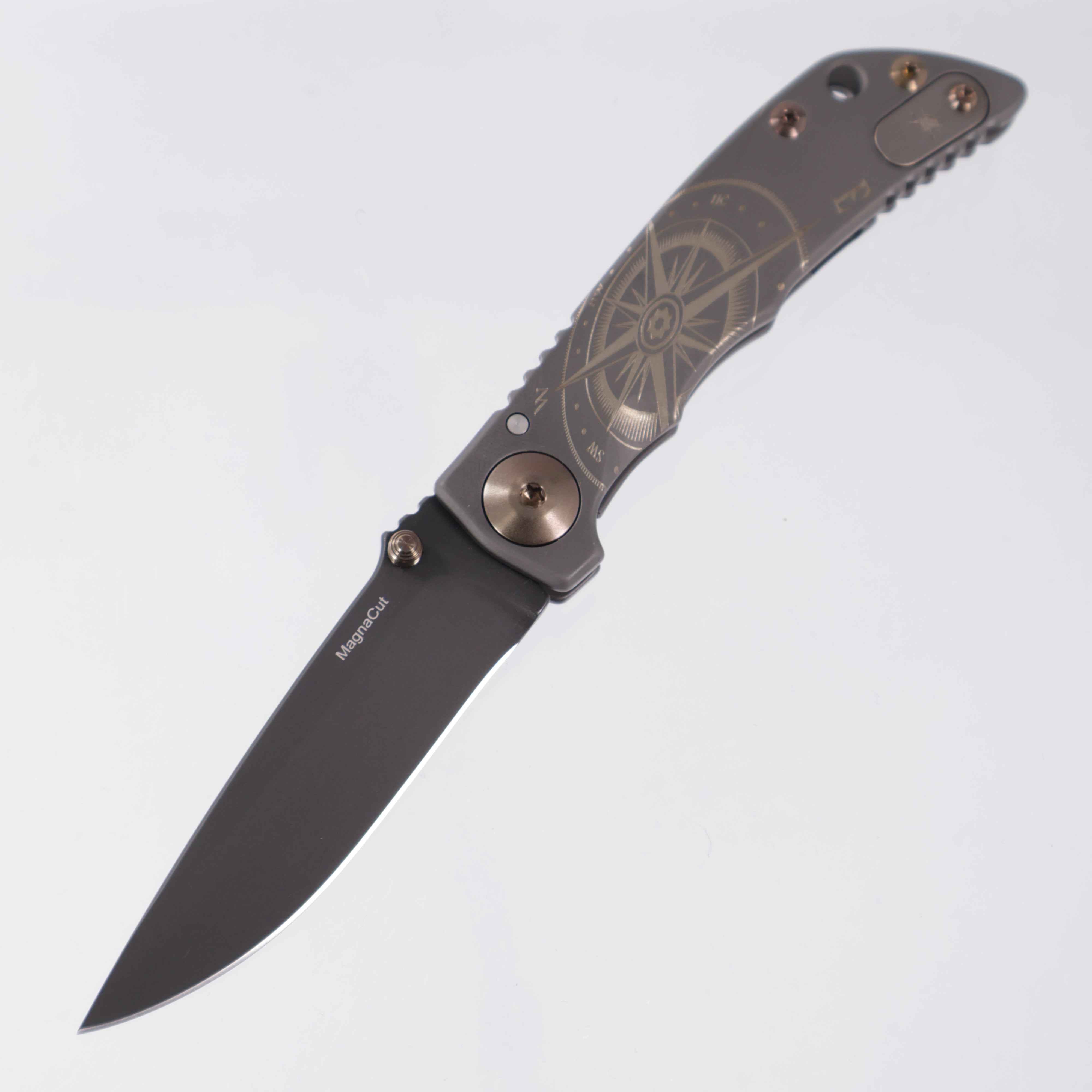Spartan Blades Spartan-Harsey Folder 3.25" - Golden Compass Edition - Black PVD w/ Gold Ano & Bronze Hardware - Black PVD Magnacut