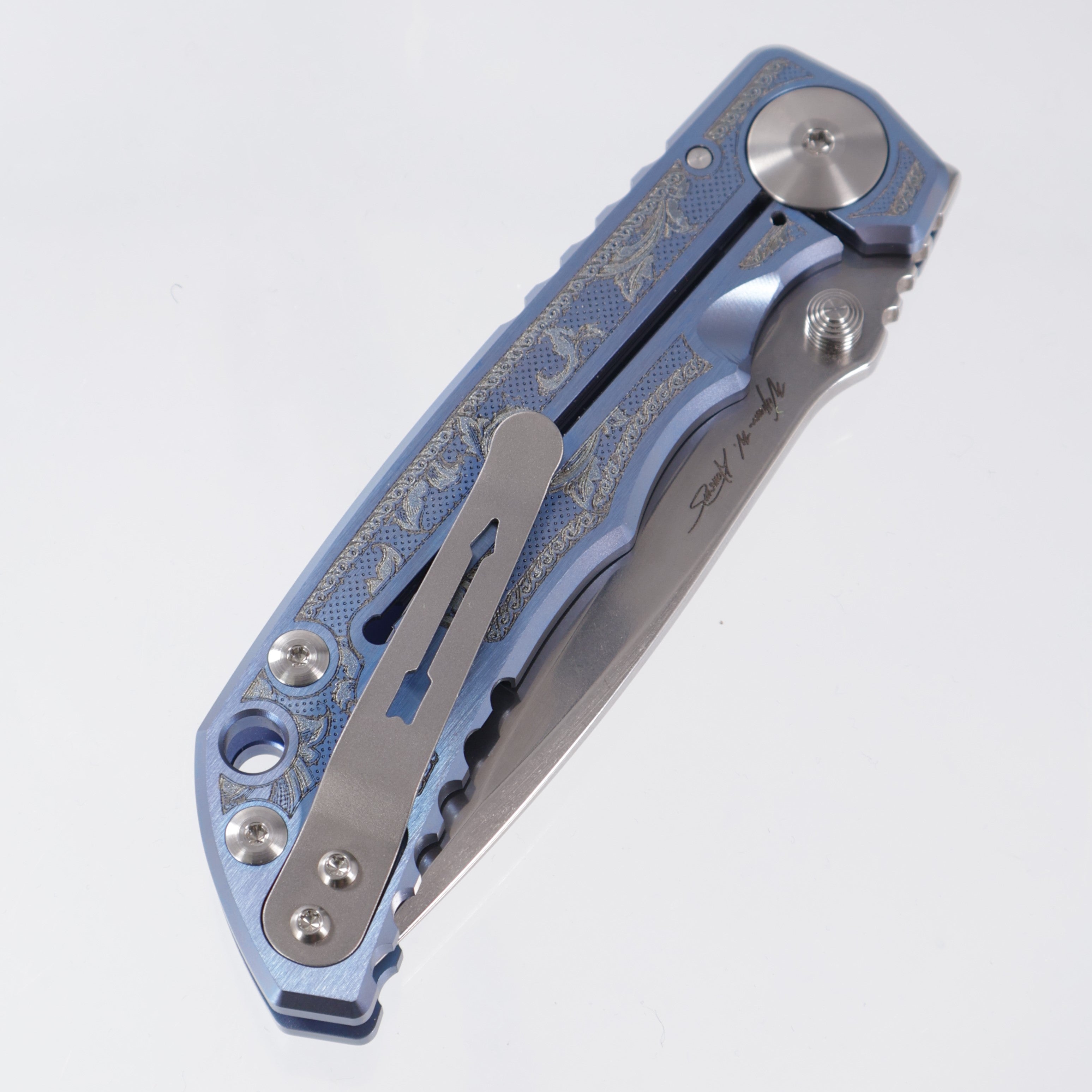 Spartan Blades Spartan-Harsey Folder - Flourishes Edition - Blue Ano w/ Silver Hardware - Stonewash Magnacut