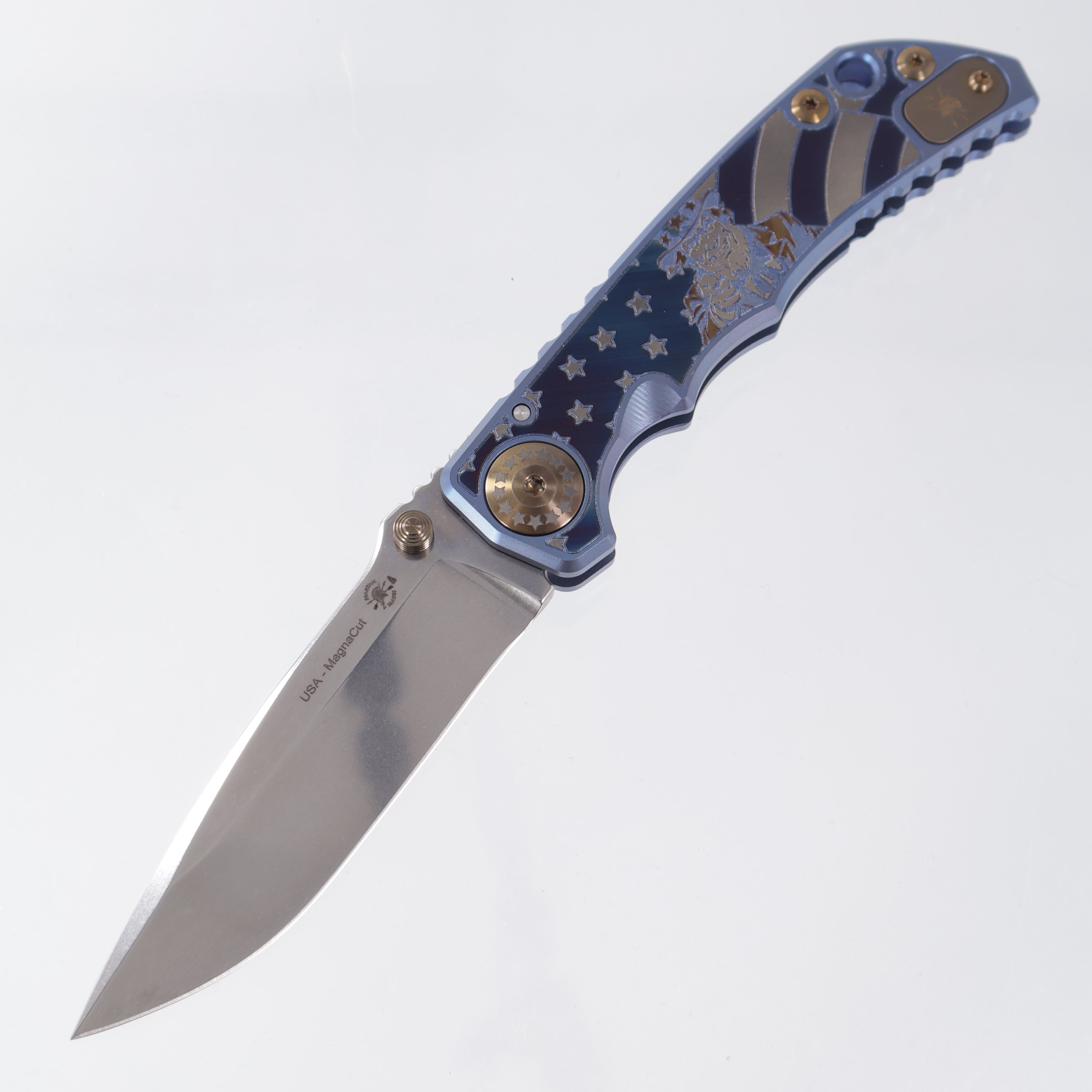 Spartan Blades Spartan-Harsey Folder - Uncle Sam Edition - Blue Ano w/ Bronze Hardware - Stonewash Magnacut