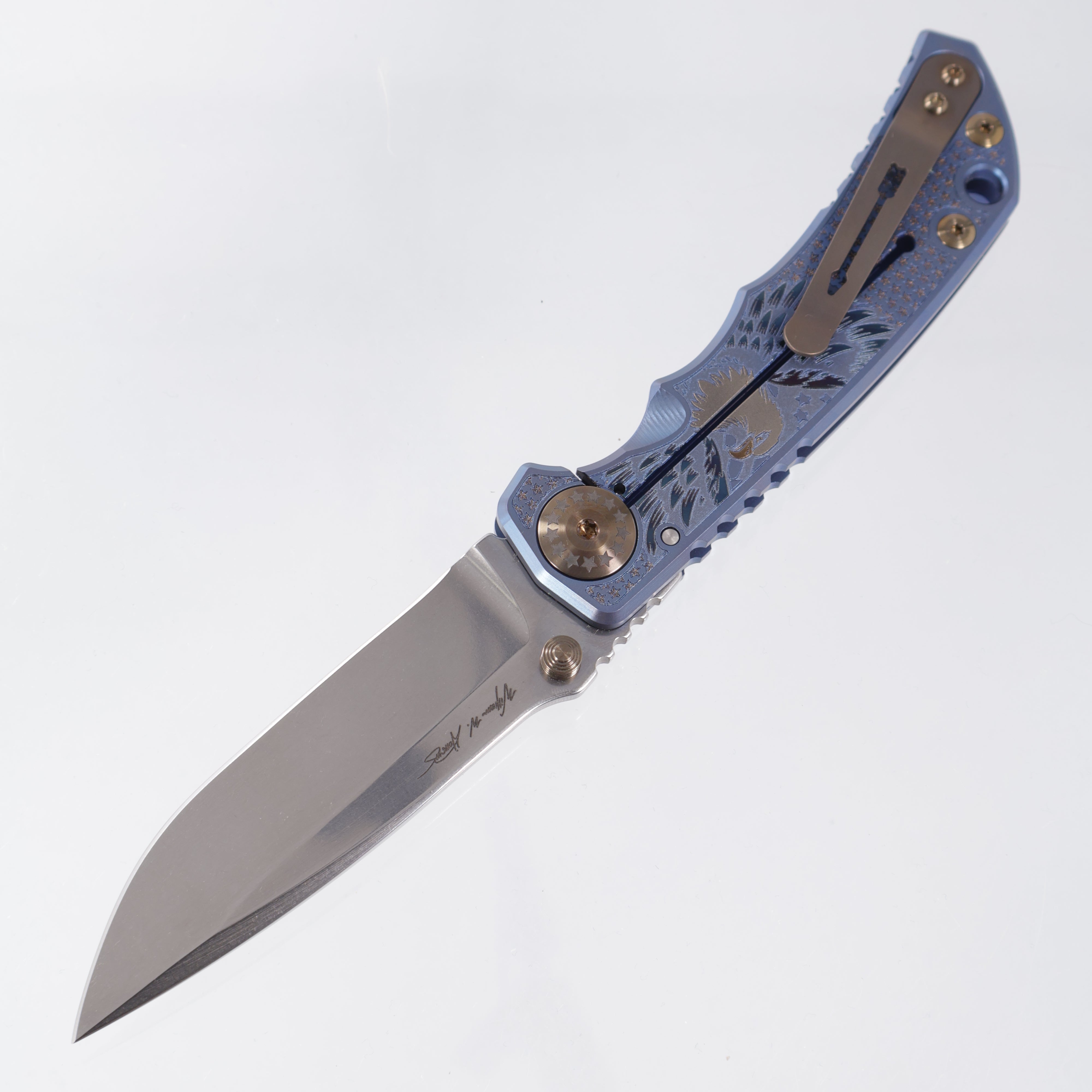 Spartan Blades Spartan-Harsey Folder - Uncle Sam Edition - Blue Ano w/ Bronze Hardware - Stonewash Magnacut
