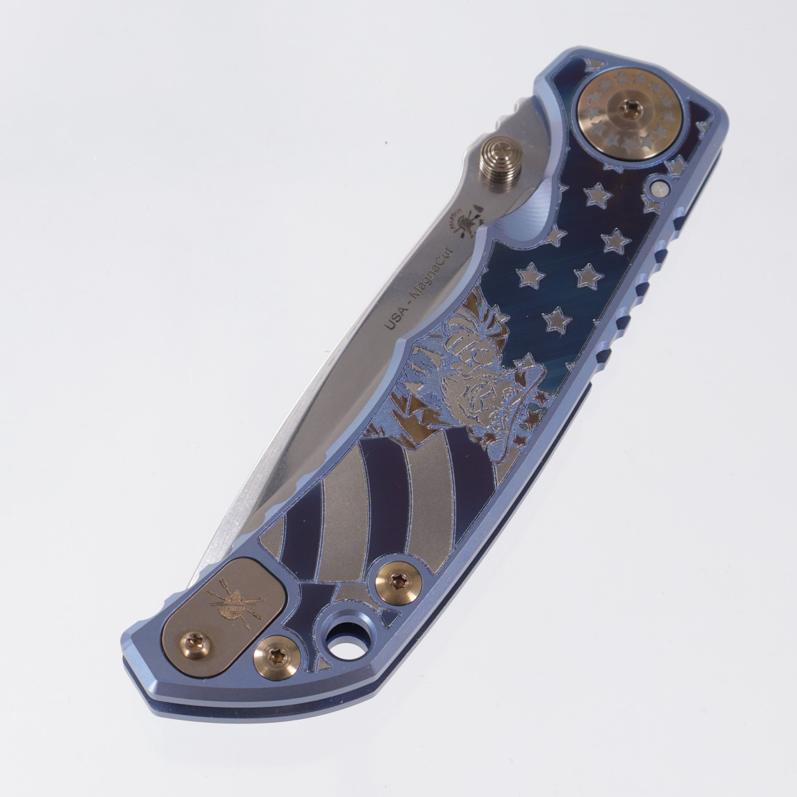 Spartan Blades Spartan-Harsey Folder - Uncle Sam Edition - Blue Ano w/ Bronze Hardware - Stonewash Magnacut