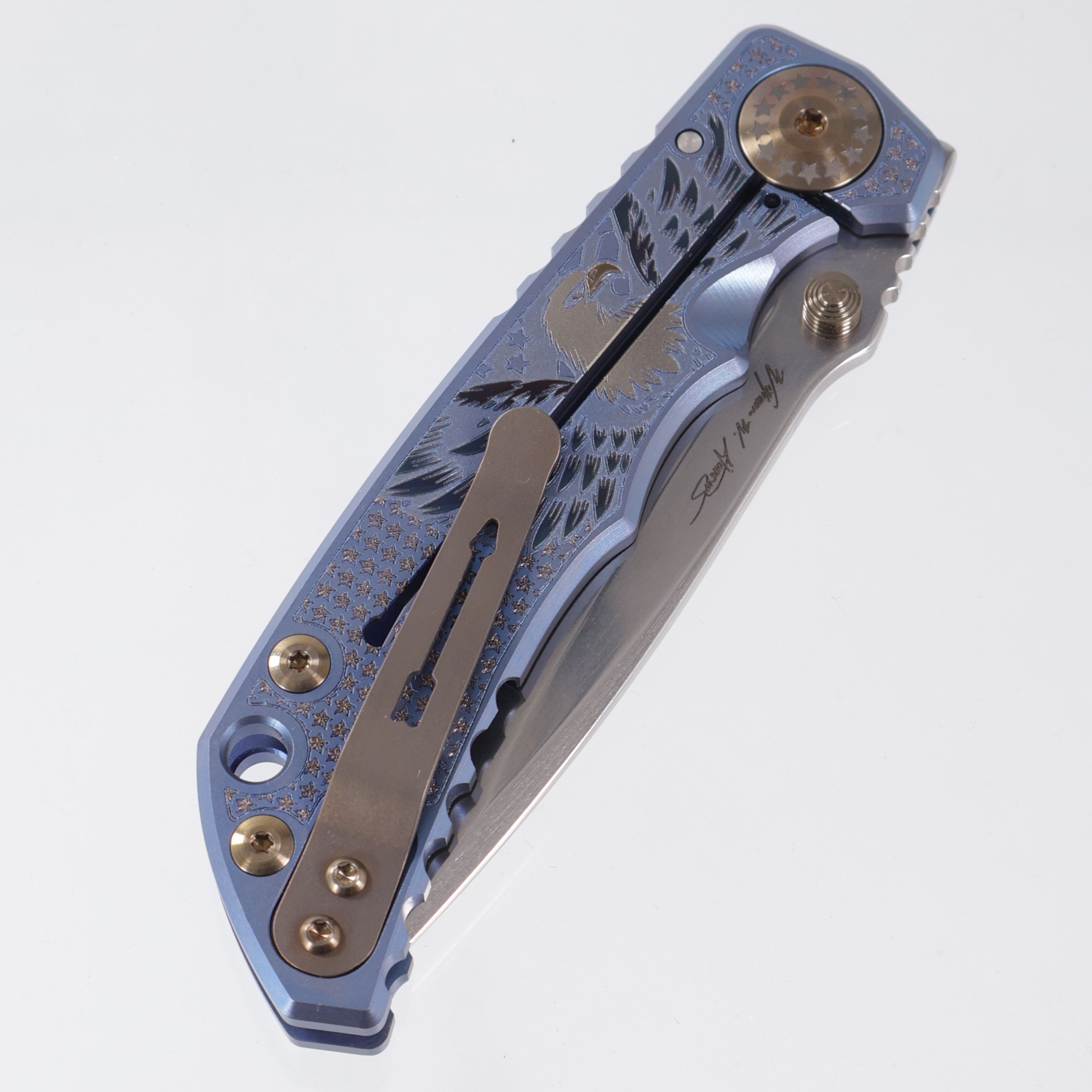 Spartan Blades Spartan-Harsey Folder - Uncle Sam Edition - Blue Ano w/ Bronze Hardware - Stonewash Magnacut