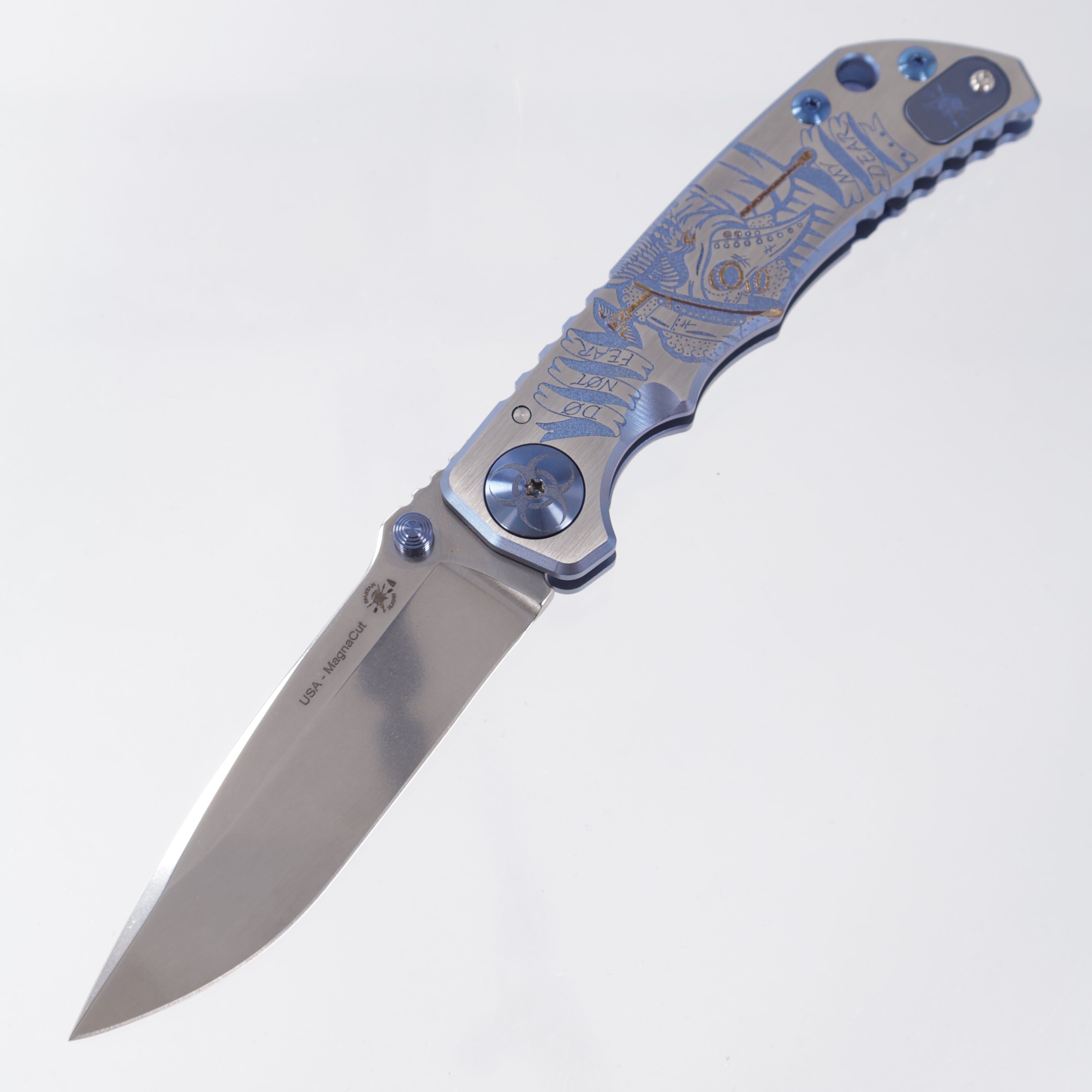 Spartan Blades Spartan-Harsey Folder - Plague Doctor Edition - Rubbed Satin w/ Blue Ano & Blue Hardware - Stonewash Magnacut