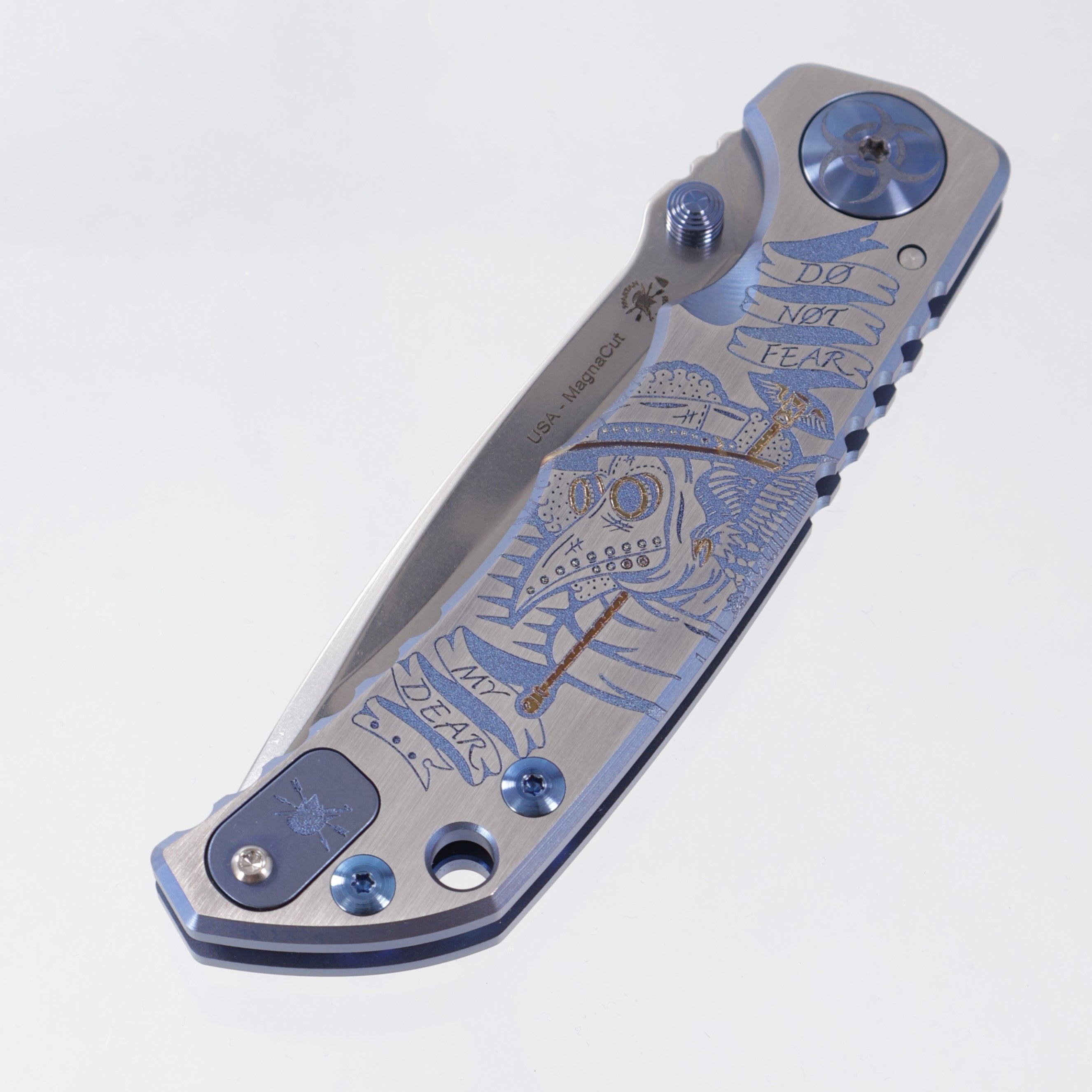 Spartan Blades Spartan-Harsey Folder - Plague Doctor Edition - Rubbed Satin w/ Blue Ano & Blue Hardware - Stonewash Magnacut