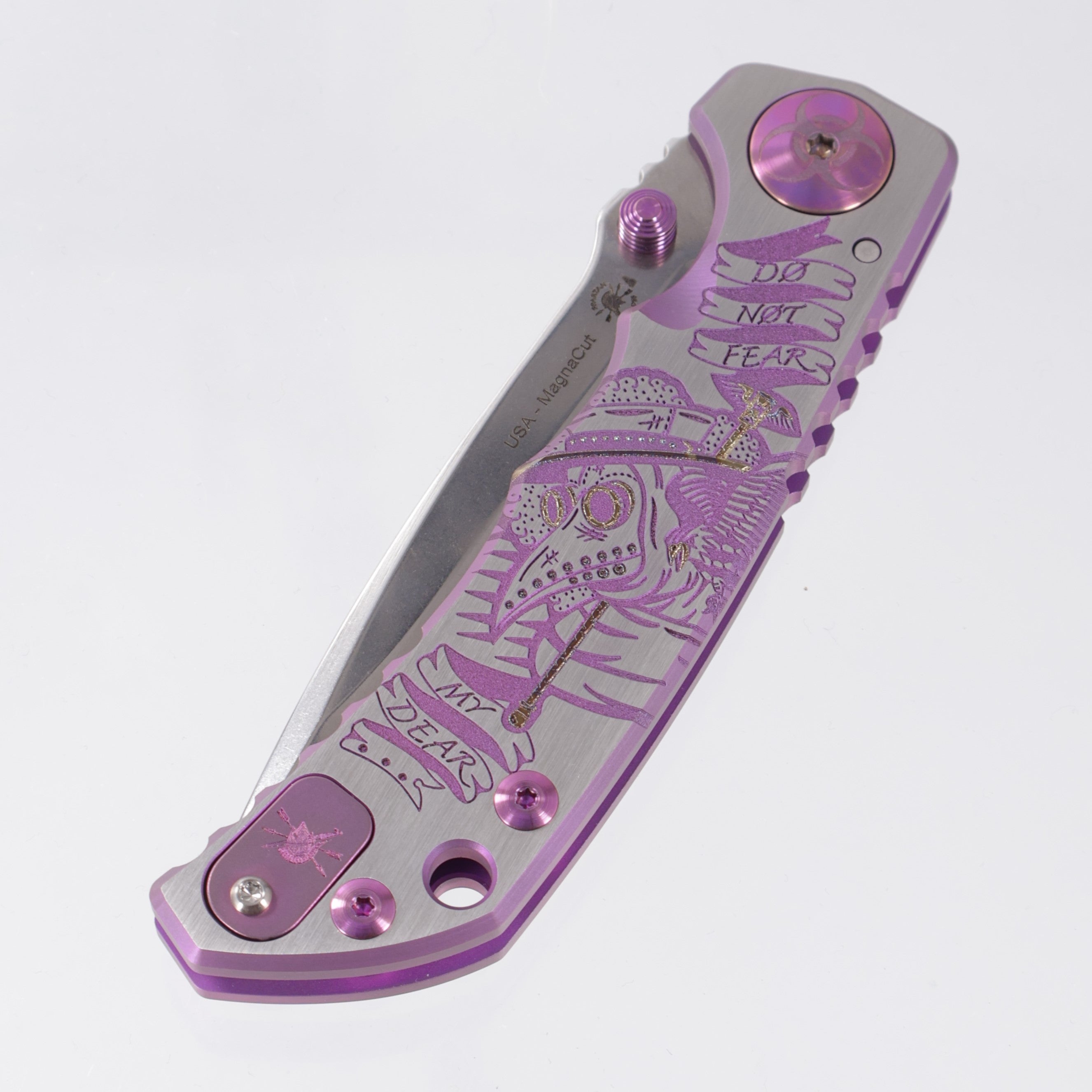 Spartan Blades Spartan-Harsey Folder - Plague Doctor Edition - Rubbed Satin w/ Purple Ano & Blue Hardware - Stonewash Magnacut