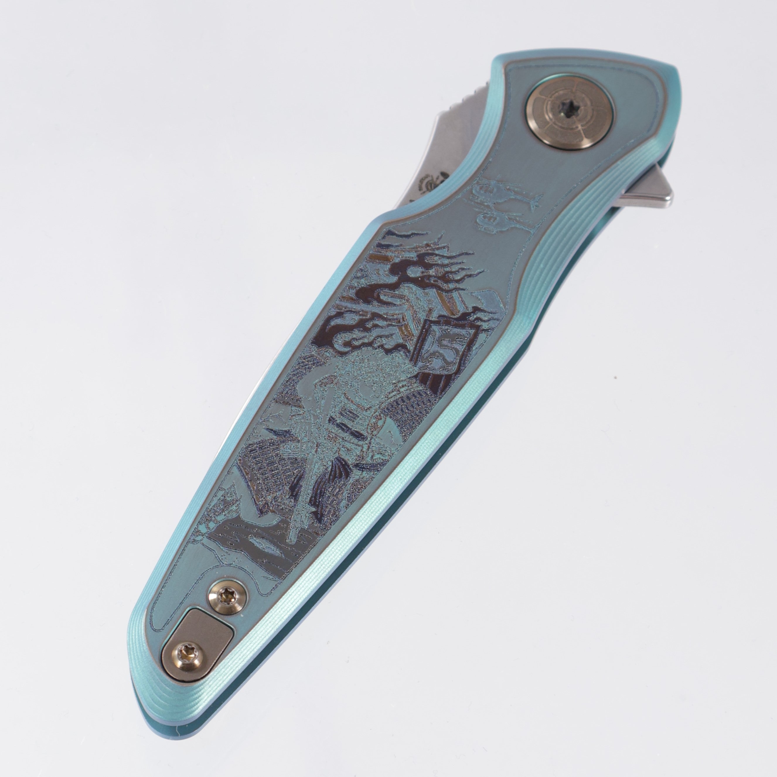 Spartan Blades Pandia Flipper - Ronin Five Rings - Fire Edition - Green/Bronze Ano w/ Bronze Hardware - Stonewash Magnacut