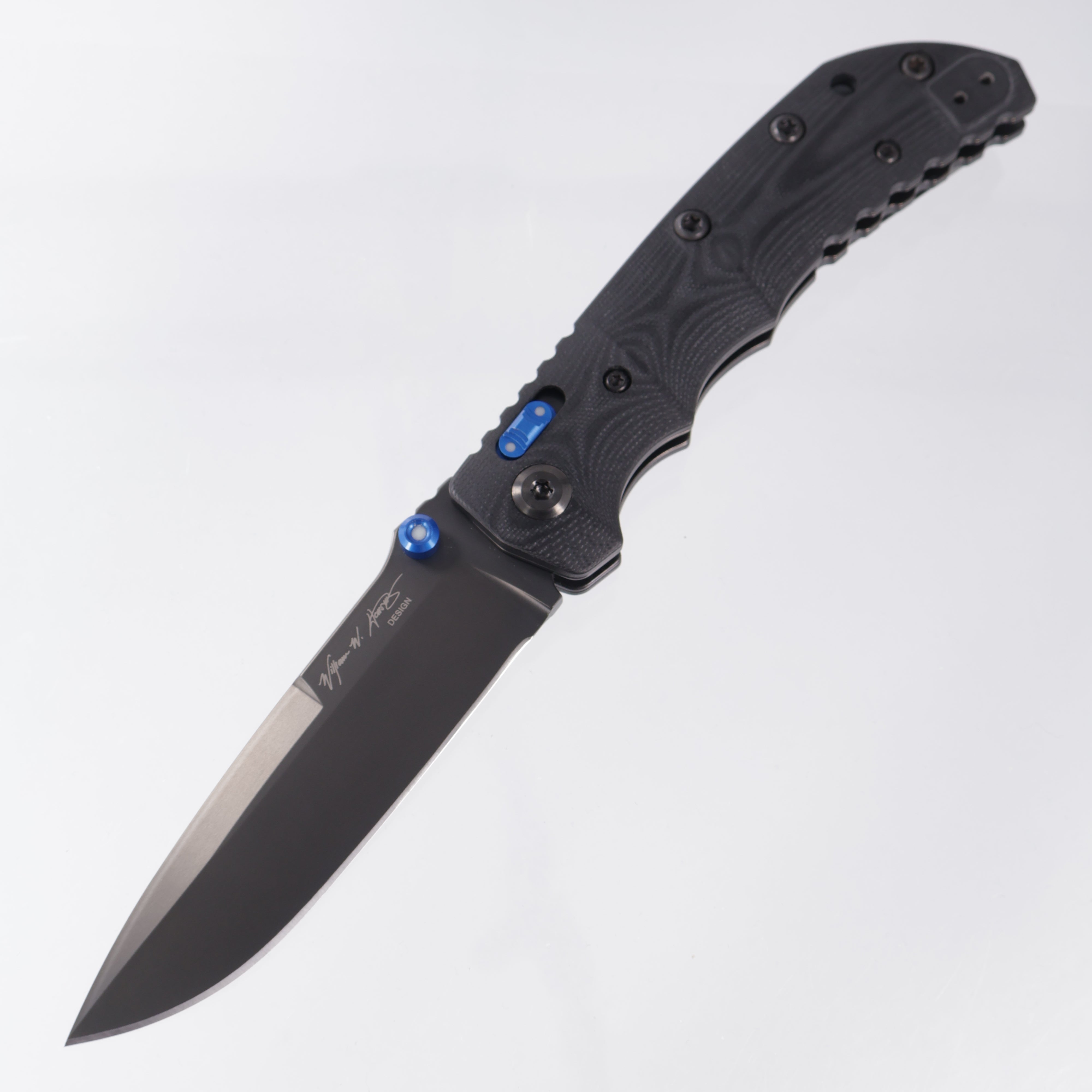 Spartan Blades T4 Folder - Contoured Black G10 w/ Blue Aluminum accents + Super Luminova inserts - Black Elmax
