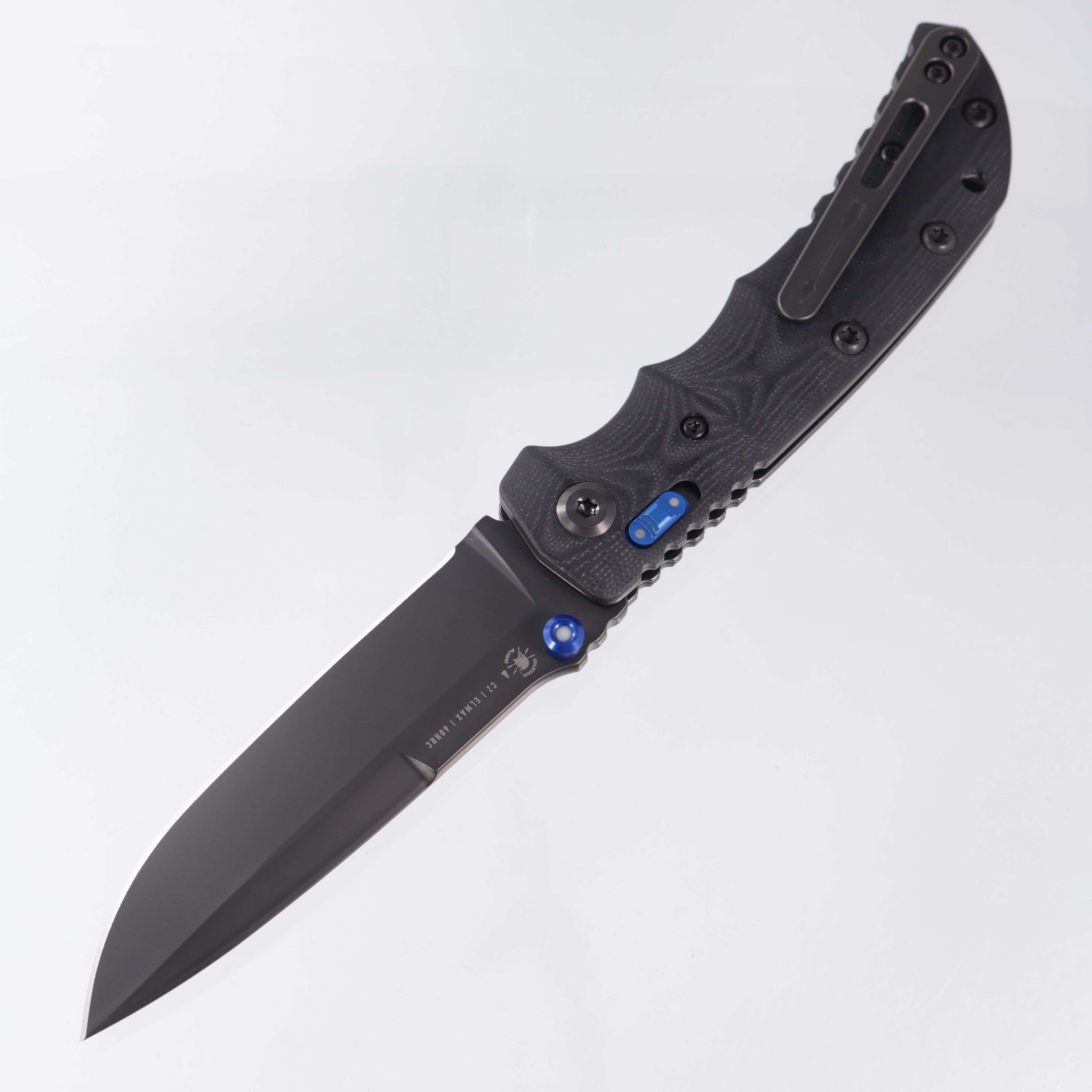 Spartan Blades T4 Folder - Contoured Black G10 w/ Blue Aluminum accents + Super Luminova inserts - Black Elmax