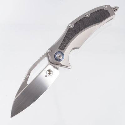 Microtech x Rike Matrix - Titanium Handle w Carbon Fiber Inays & Blue Ti Pivot Collars - Hand Rubbed Satin M390 -165C-4 CFITI