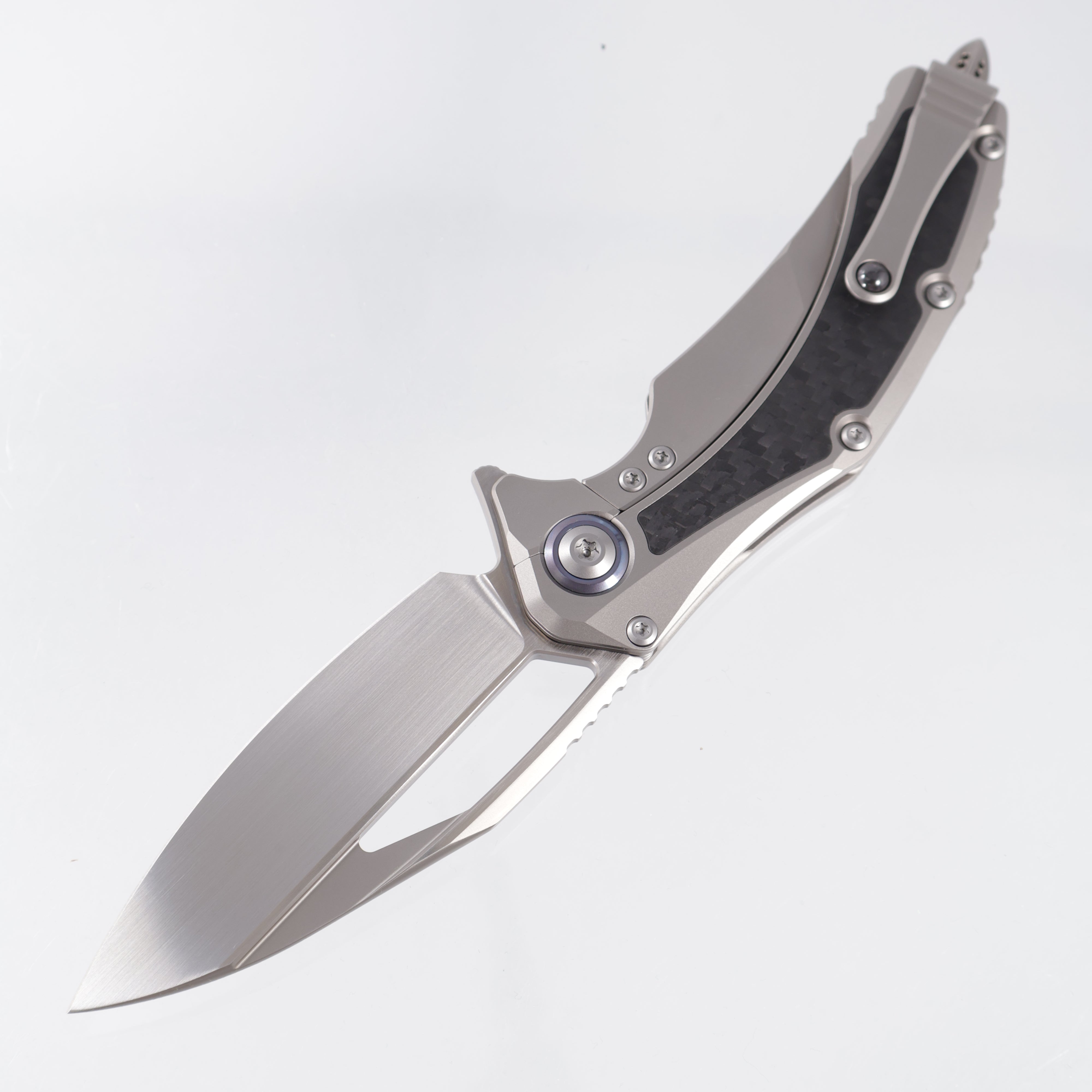 Microtech x Rike Matrix - Titanium Handle w Carbon Fiber Inays & Blue Ti Pivot Collars - Hand Rubbed Satin M390 -165C-4 CFITI