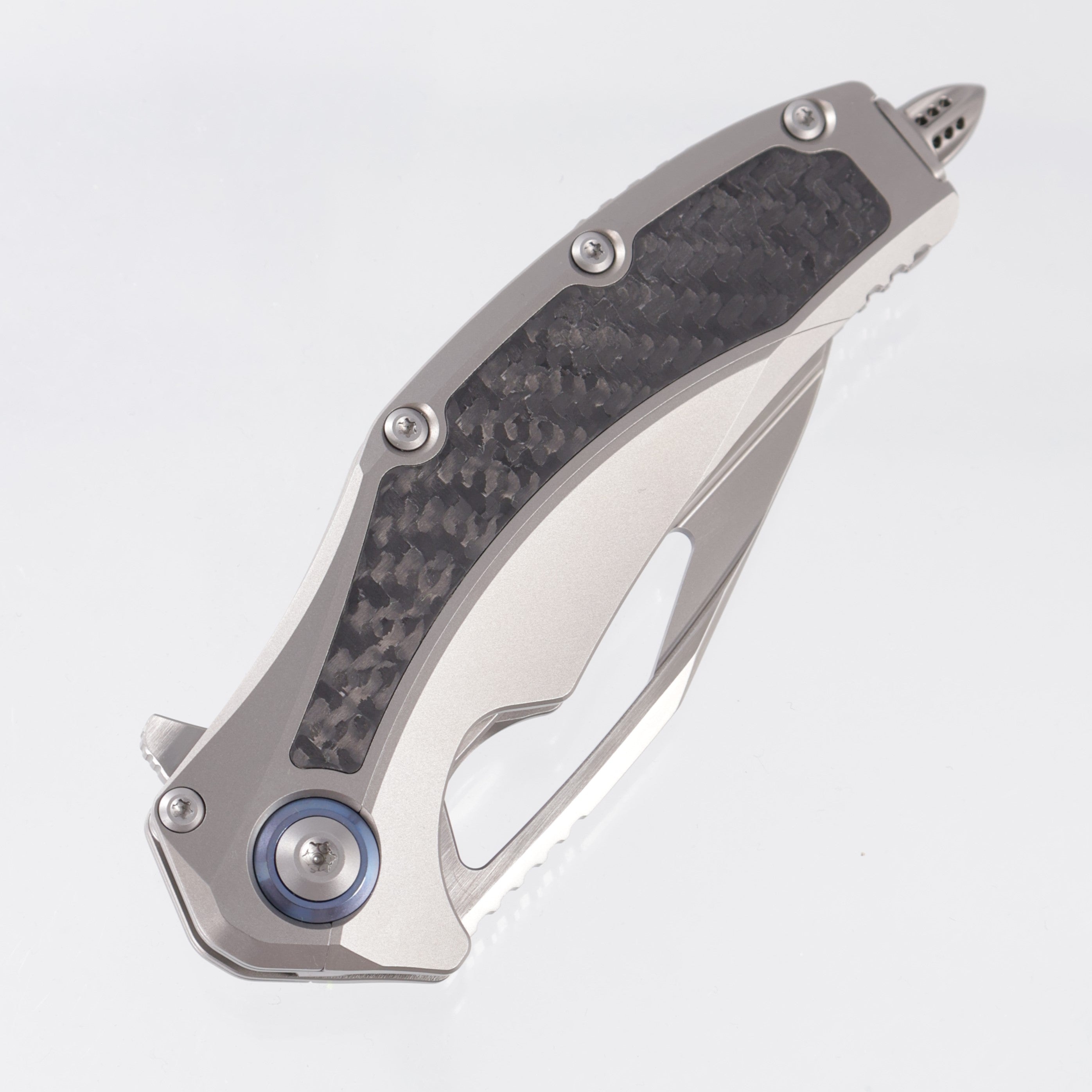 Microtech x Rike Matrix - Titanium Handle w Carbon Fiber Inays & Blue Ti Pivot Collars - Hand Rubbed Satin M390 -165C-4 CFITI