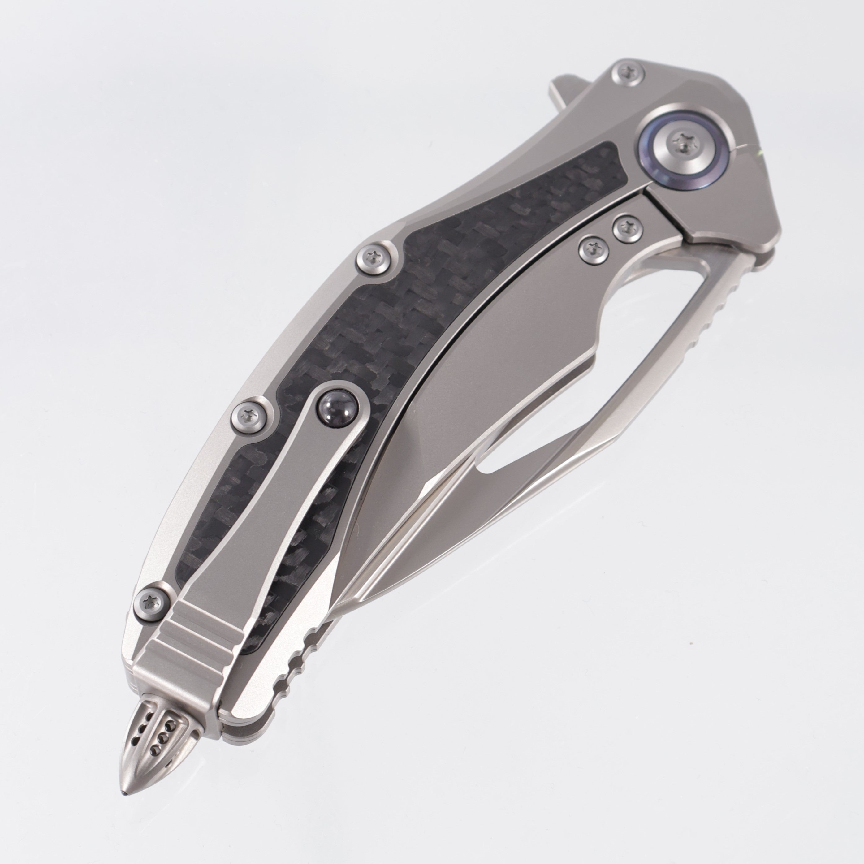 Microtech x Rike Matrix - Titanium Handle w Carbon Fiber Inays & Blue Ti Pivot Collars - Hand Rubbed Satin M390 -165C-4 CFITI