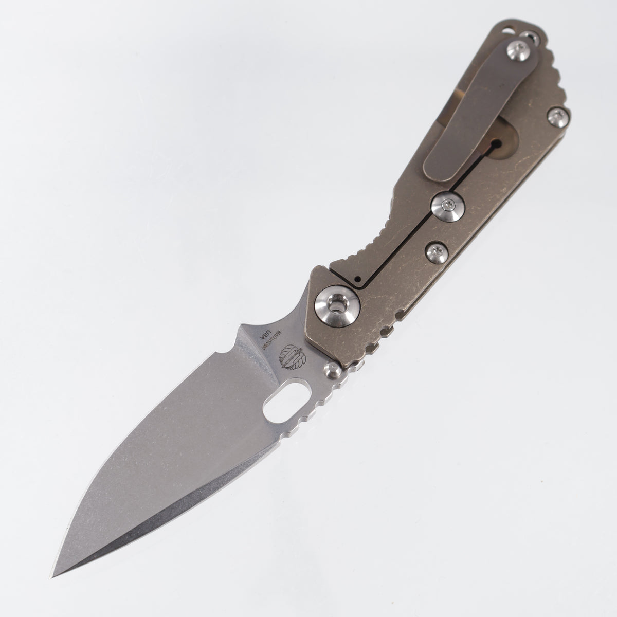 Strider SnG Spear Point - Full Tumbled Bronze Contoured Titanium & Satin Hardware - Stonewash Magnacut