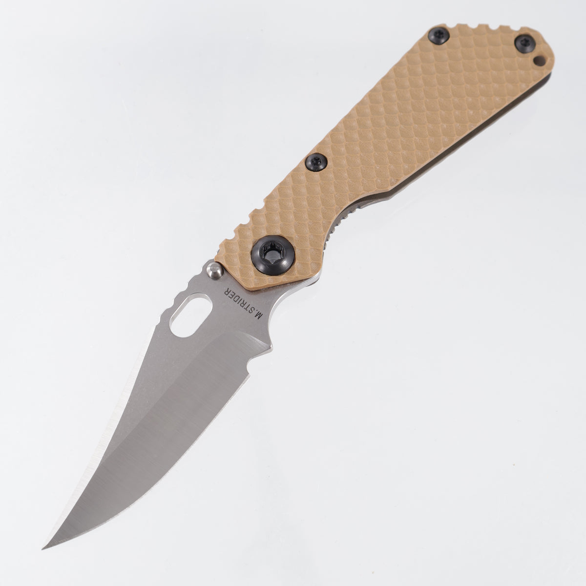 Strider SnG DGG Bowie - FDE Gunner Grip G10 w/ Antiqued Gunner Grip Titanium Lockside & Black Hardware - Satin/Stonewash Magnacut
