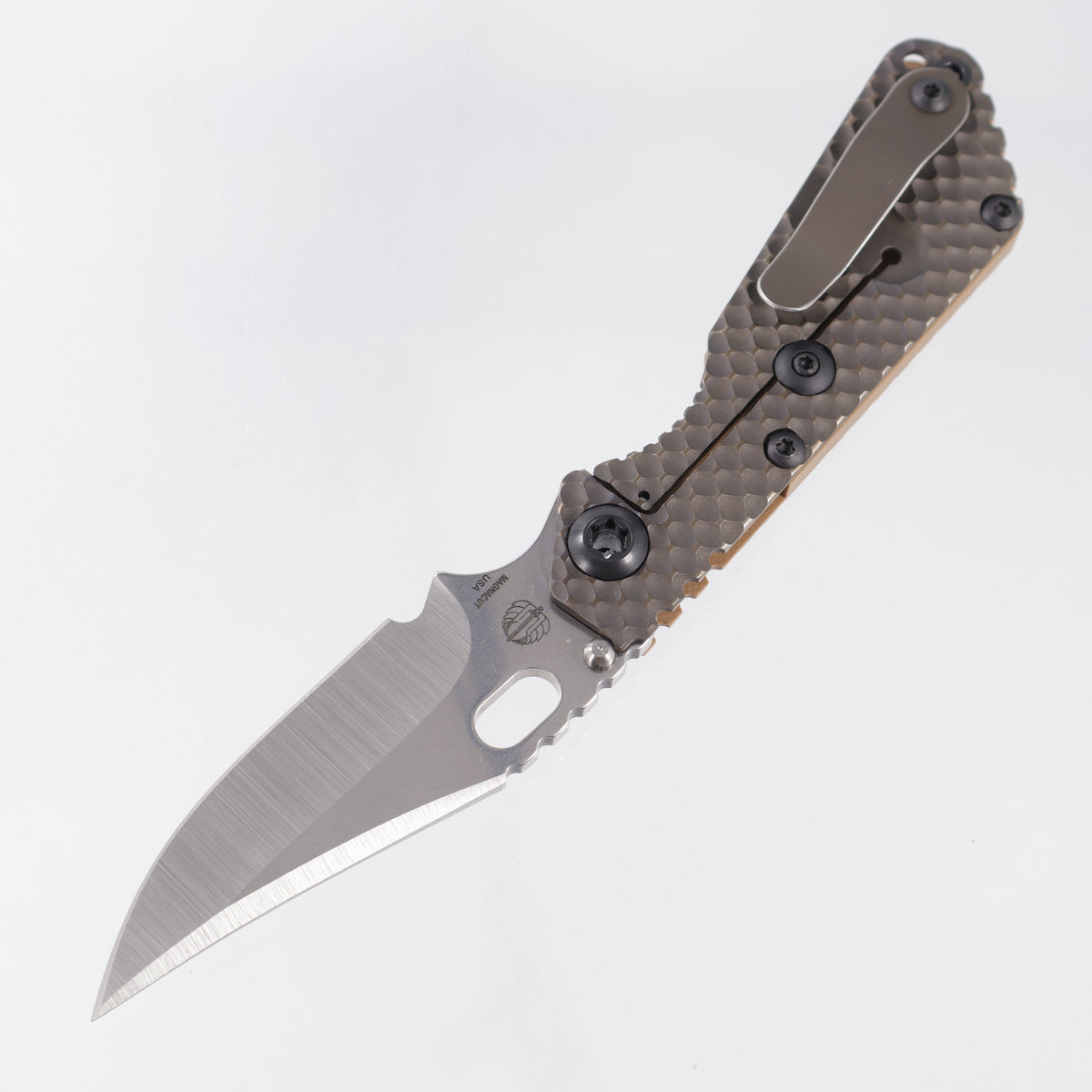 Strider SnG DGG Bowie - FDE Gunner Grip G10 w/ Antiqued Gunner Grip Titanium Lockside & Black Hardware - Satin/Stonewash Magnacut