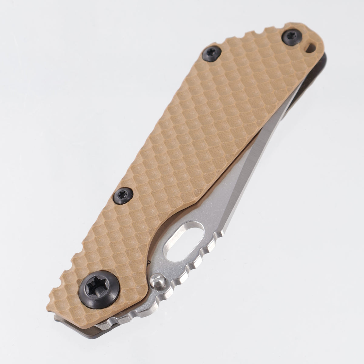 Strider SnG DGG Bowie - FDE Gunner Grip G10 w/ Antiqued Gunner Grip Titanium Lockside & Black Hardware - Satin/Stonewash Magnacut
