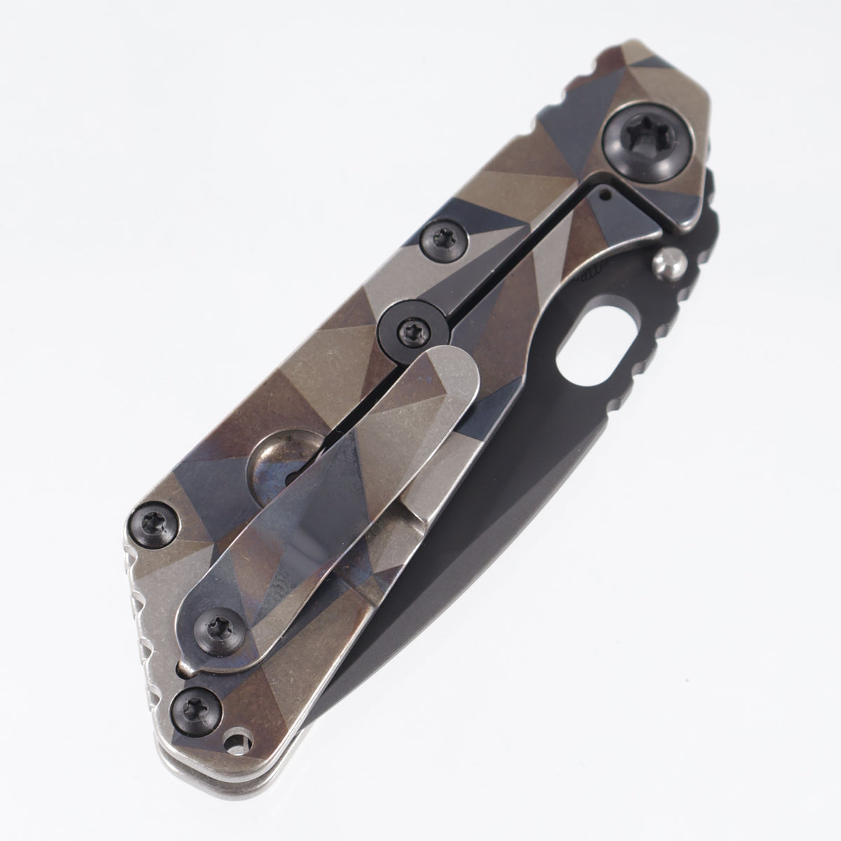 Strider SnG Spear Point - Antique Battleship Camo Titanium w/ Black Hardware - Black PVD Magnacut
