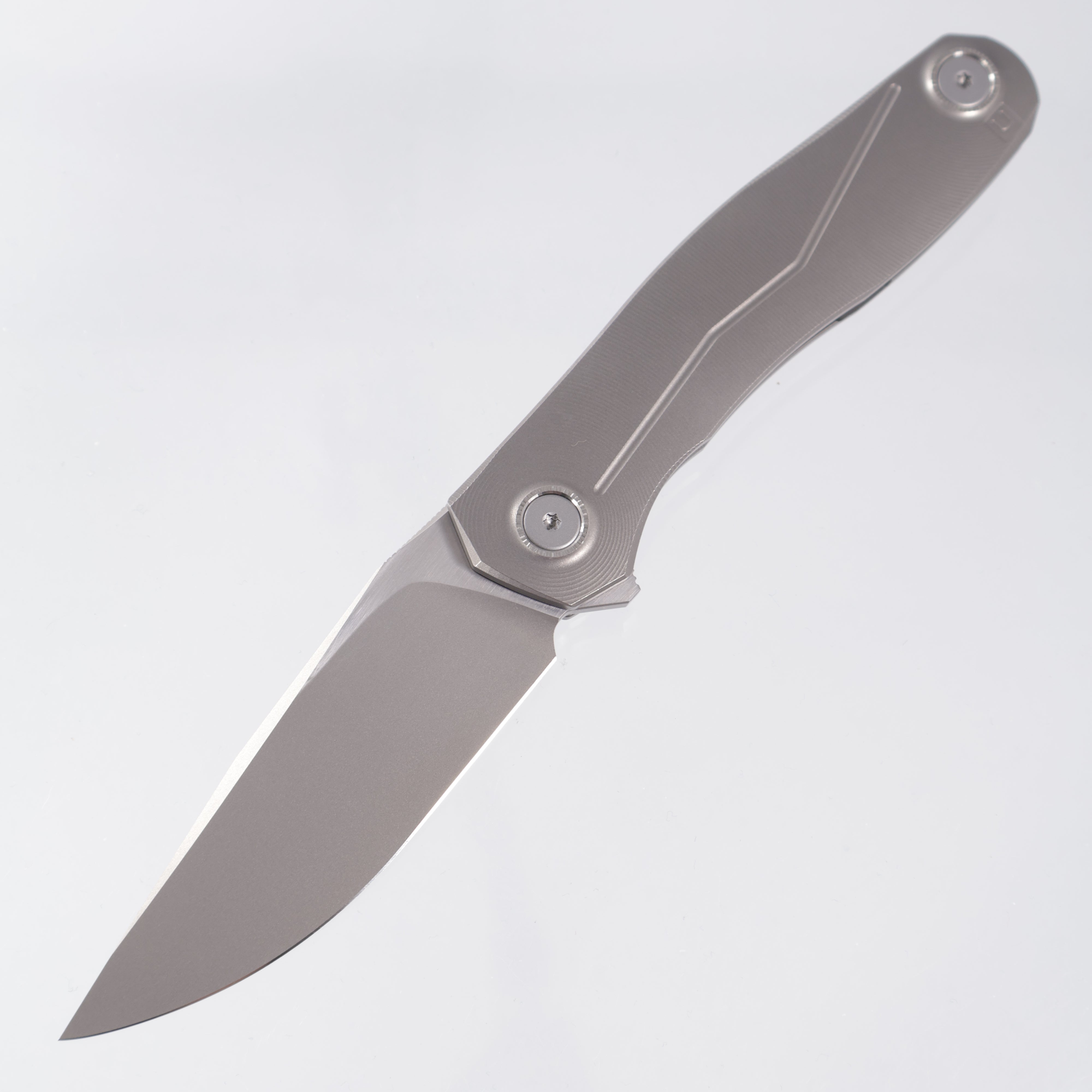 Uldanov Knives R2 - Radial Milled Titanium w/ Blue Ti Standoff - Stonewash/Satin Magnacut
