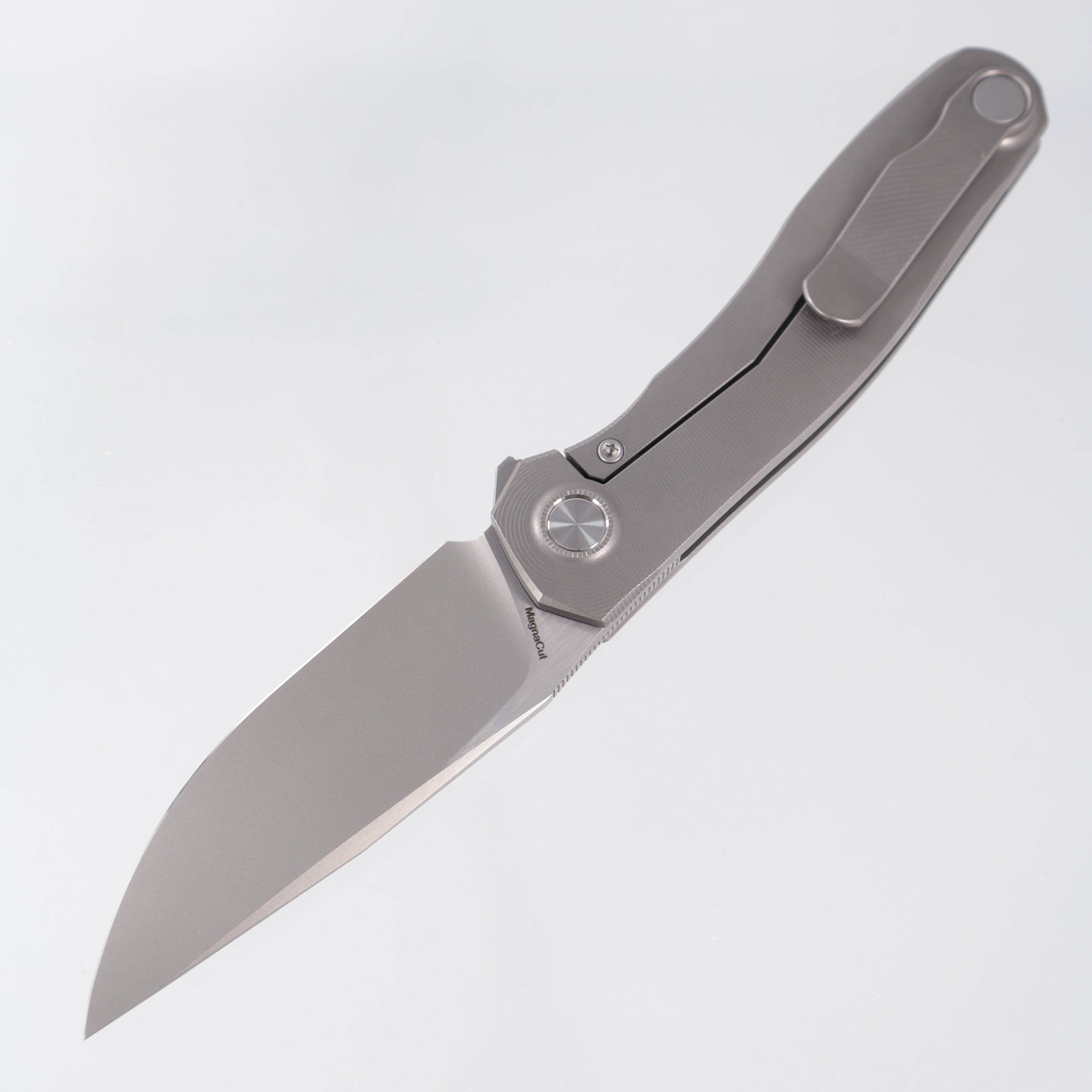 Uldanov Knives R2 - Radial Milled Titanium w/ Blue Ti Standoff - Stonewash/Satin Magnacut