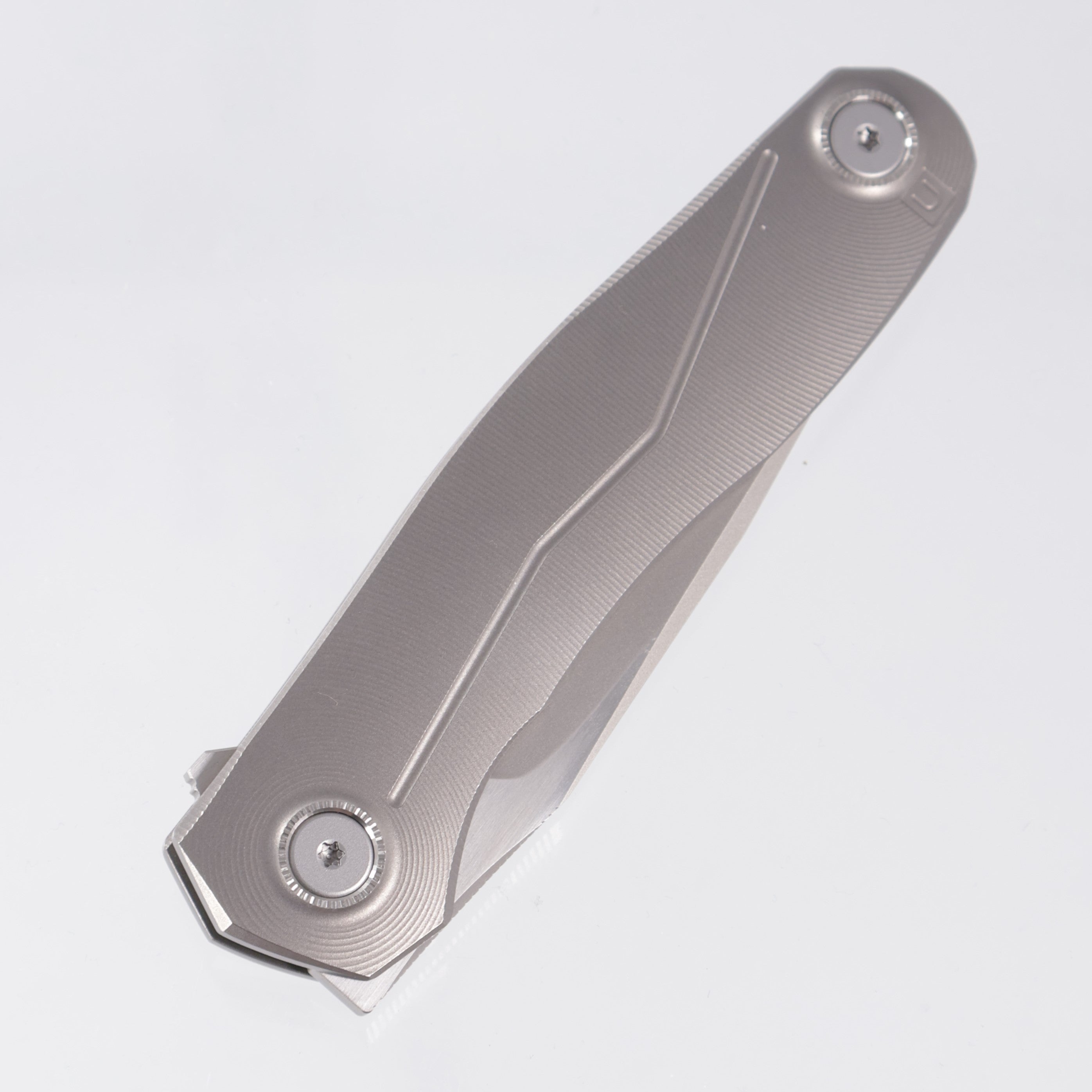 Uldanov Knives R2 - Radial Milled Titanium w/ Blue Ti Standoff - Stonewash/Satin Magnacut