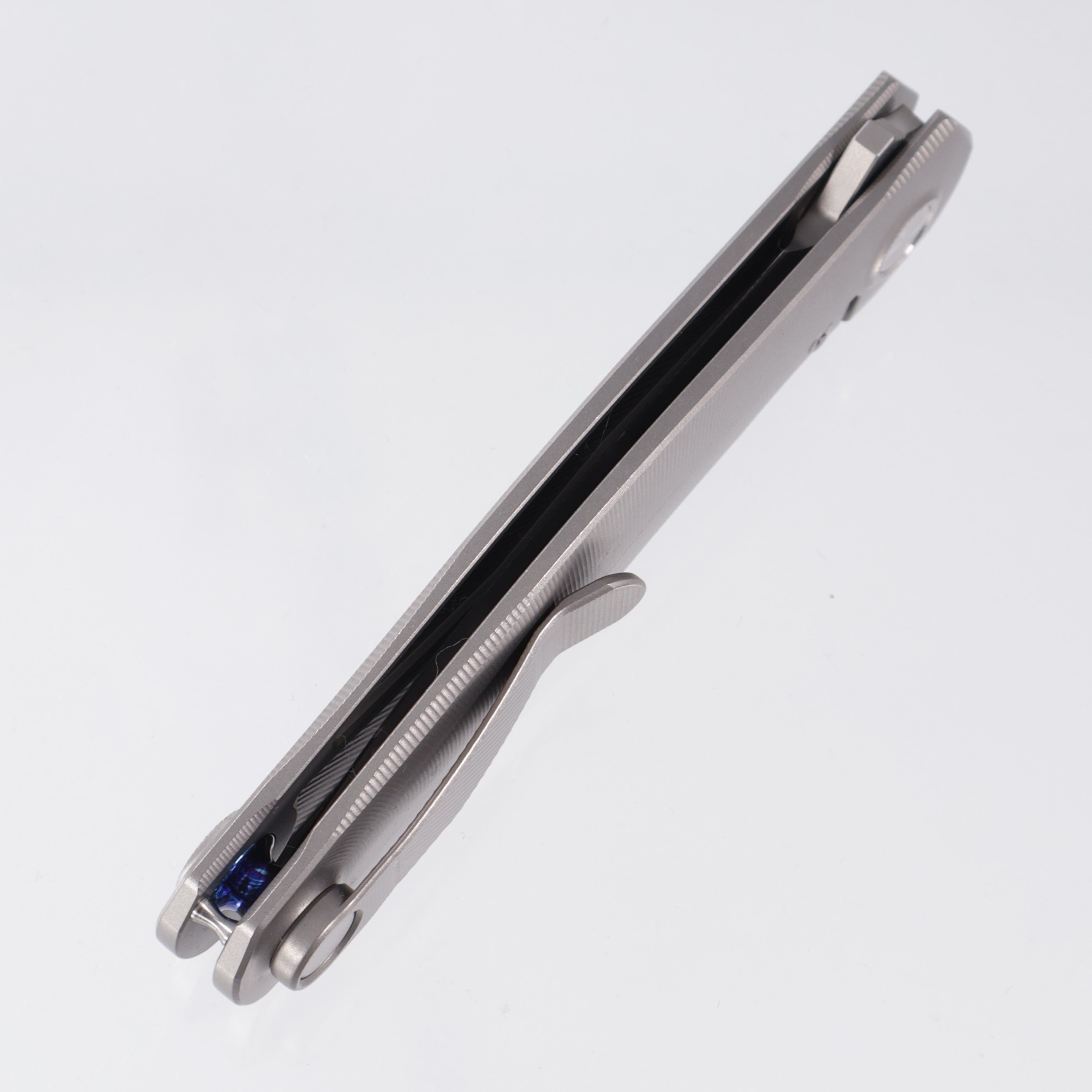 Uldanov Knives R2 - Radial Milled Titanium w/ Blue Ti Standoff - Stonewash/Satin Magnacut