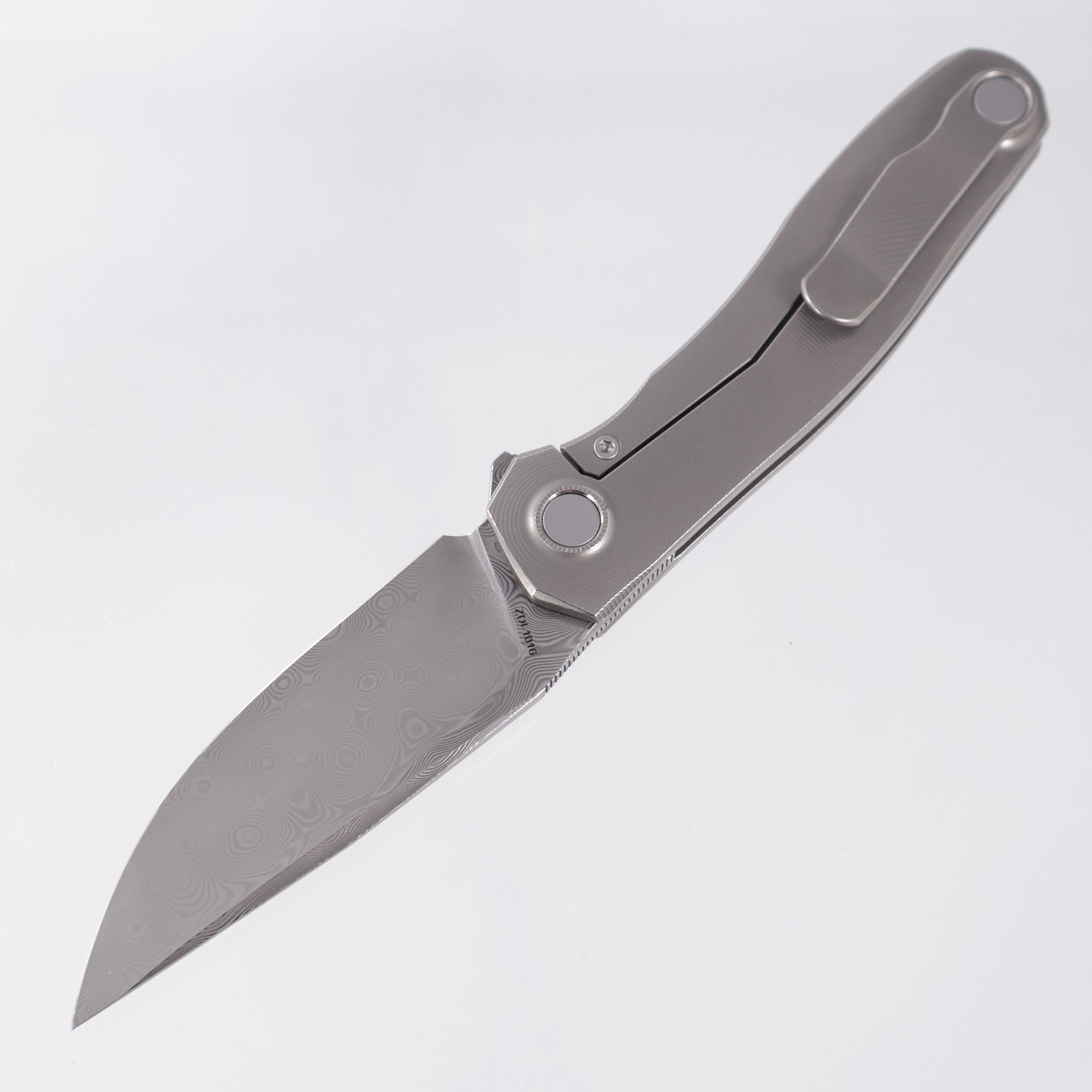 Uldanov Knives R2 - Radial Milled Titanium w/ Blue Ti Standoff - ZDP 1016 Damascus