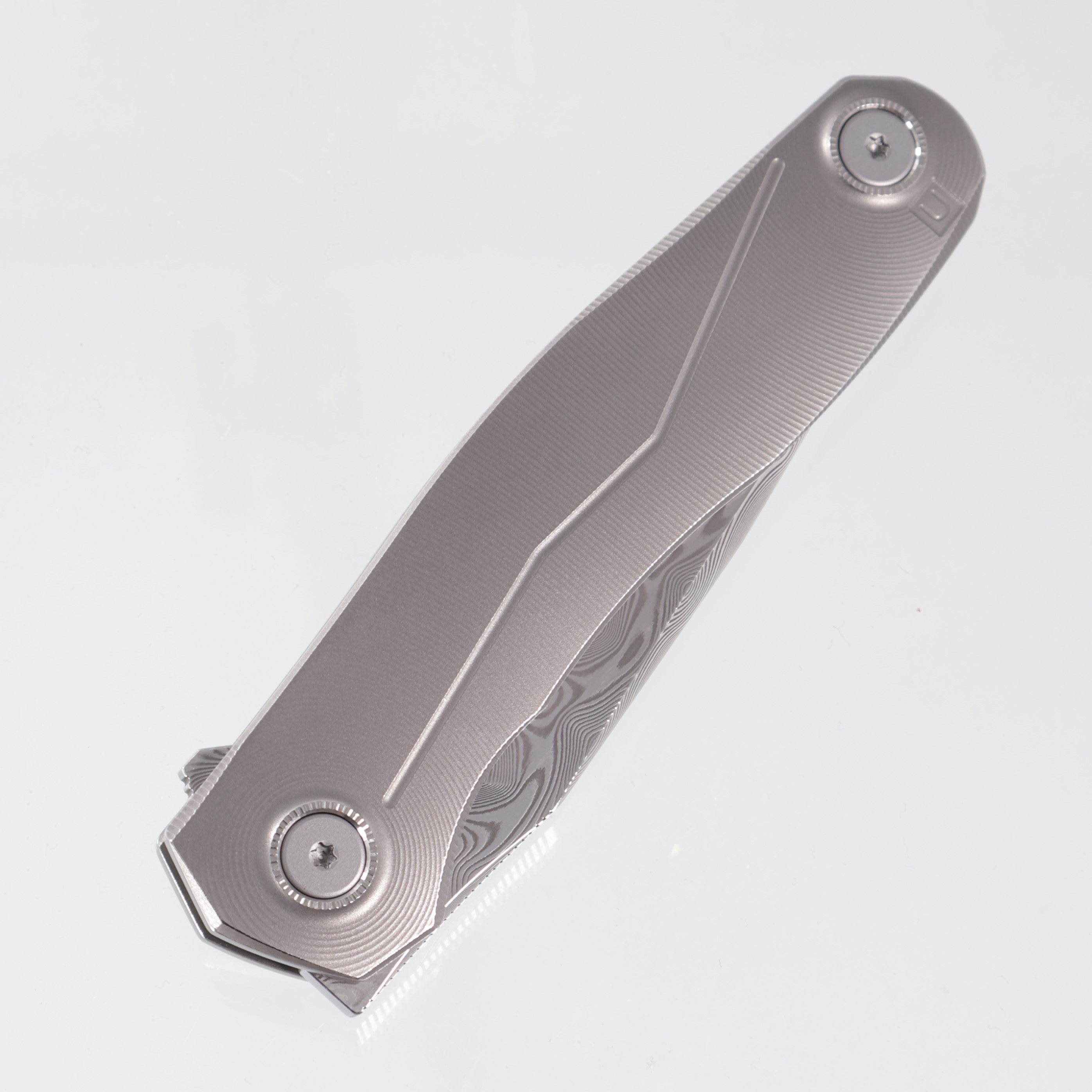 Uldanov Knives R2 - Radial Milled Titanium w/ Blue Ti Standoff - ZDP 1016 Damascus