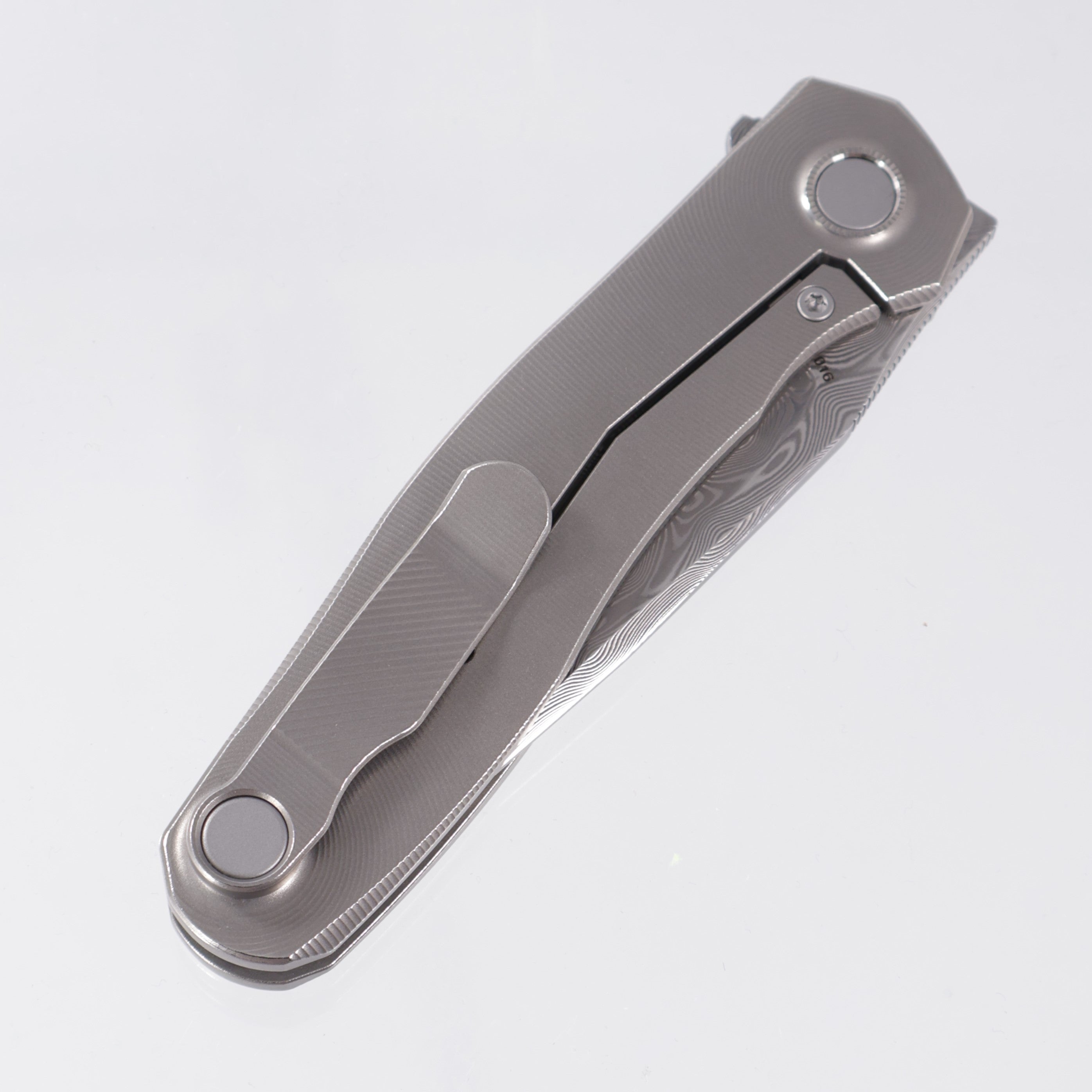 Uldanov Knives R2 - Radial Milled Titanium w/ Blue Ti Standoff - ZDP 1016 Damascus