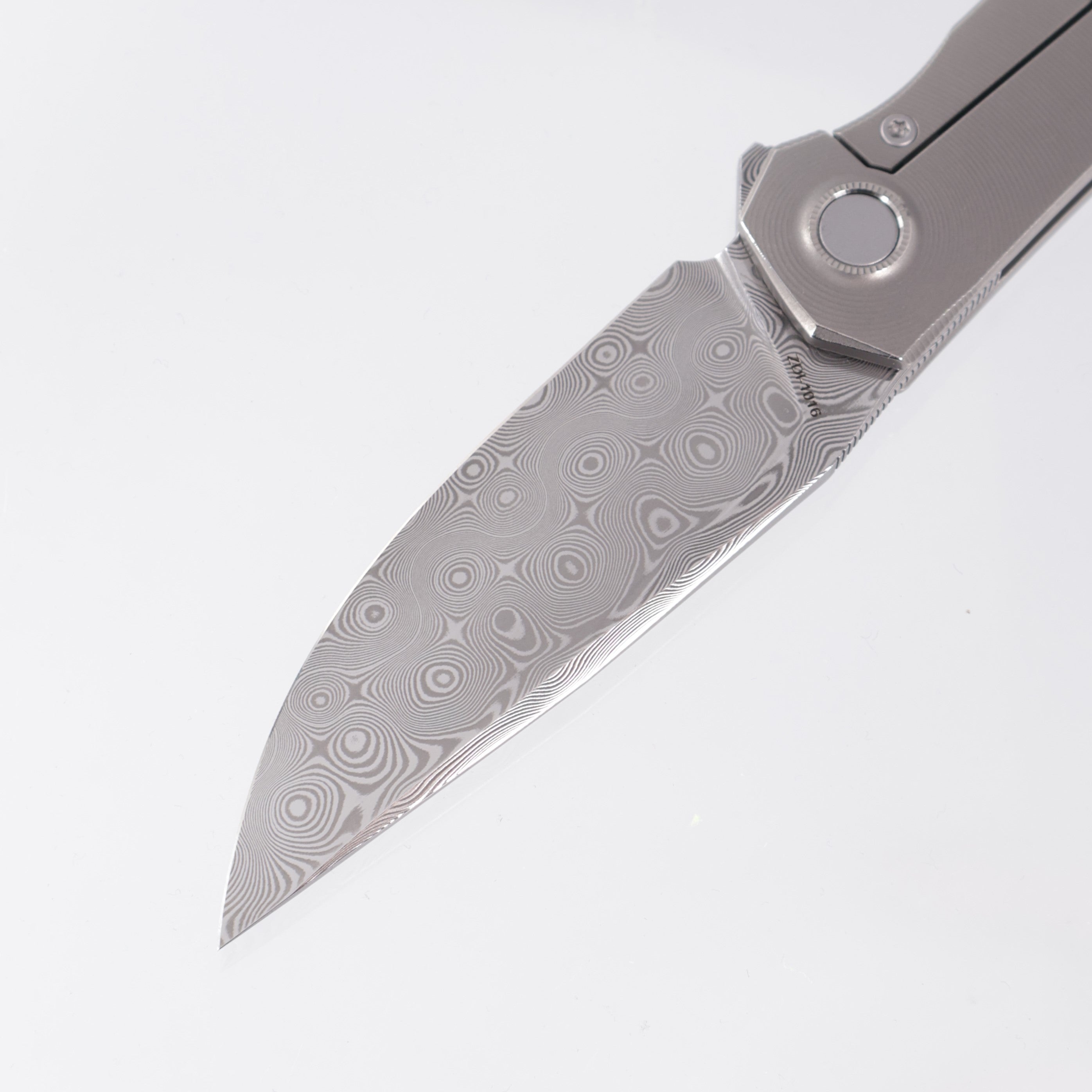 Uldanov Knives R2 - Radial Milled Titanium w/ Blue Ti Standoff - ZDP 1016 Damascus