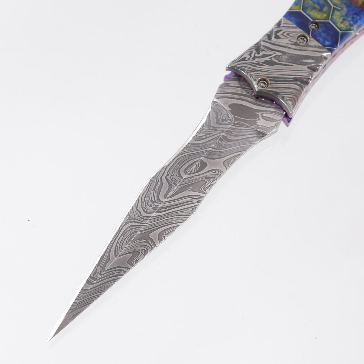 Brandon Vallotton Wicked Blossom D/A - Voodoo Resin Reverse Sunflower w/ Baker Forge Kryptonite Bolsters & Timascus Backspacer - Baker Forge Kryptonite Damascus