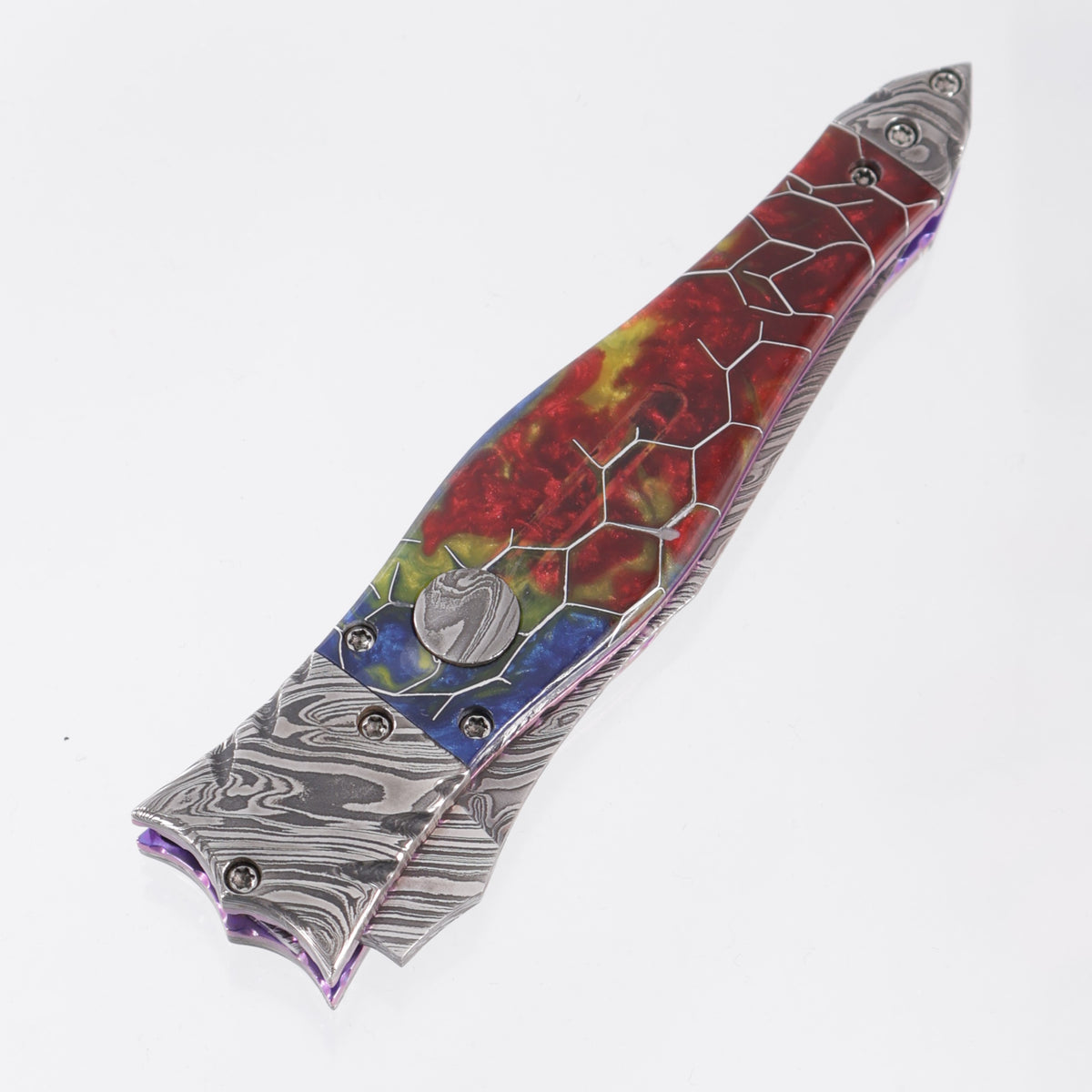 Brandon Vallotton Wicked Blossom D/A - Voodoo Resin Reverse Sunflower w/ Baker Forge Kryptonite Bolsters & Timascus Backspacer - Baker Forge Kryptonite Damascus