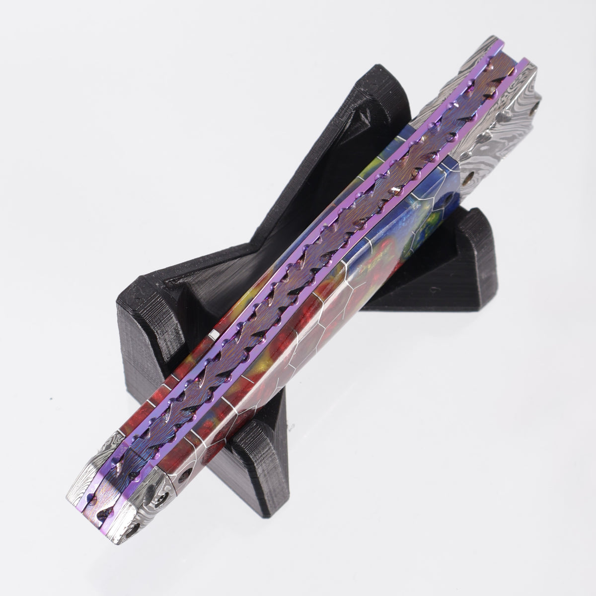Brandon Vallotton Wicked Blossom D/A - Voodoo Resin Reverse Sunflower w/ Baker Forge Kryptonite Bolsters & Timascus Backspacer - Baker Forge Kryptonite Damascus