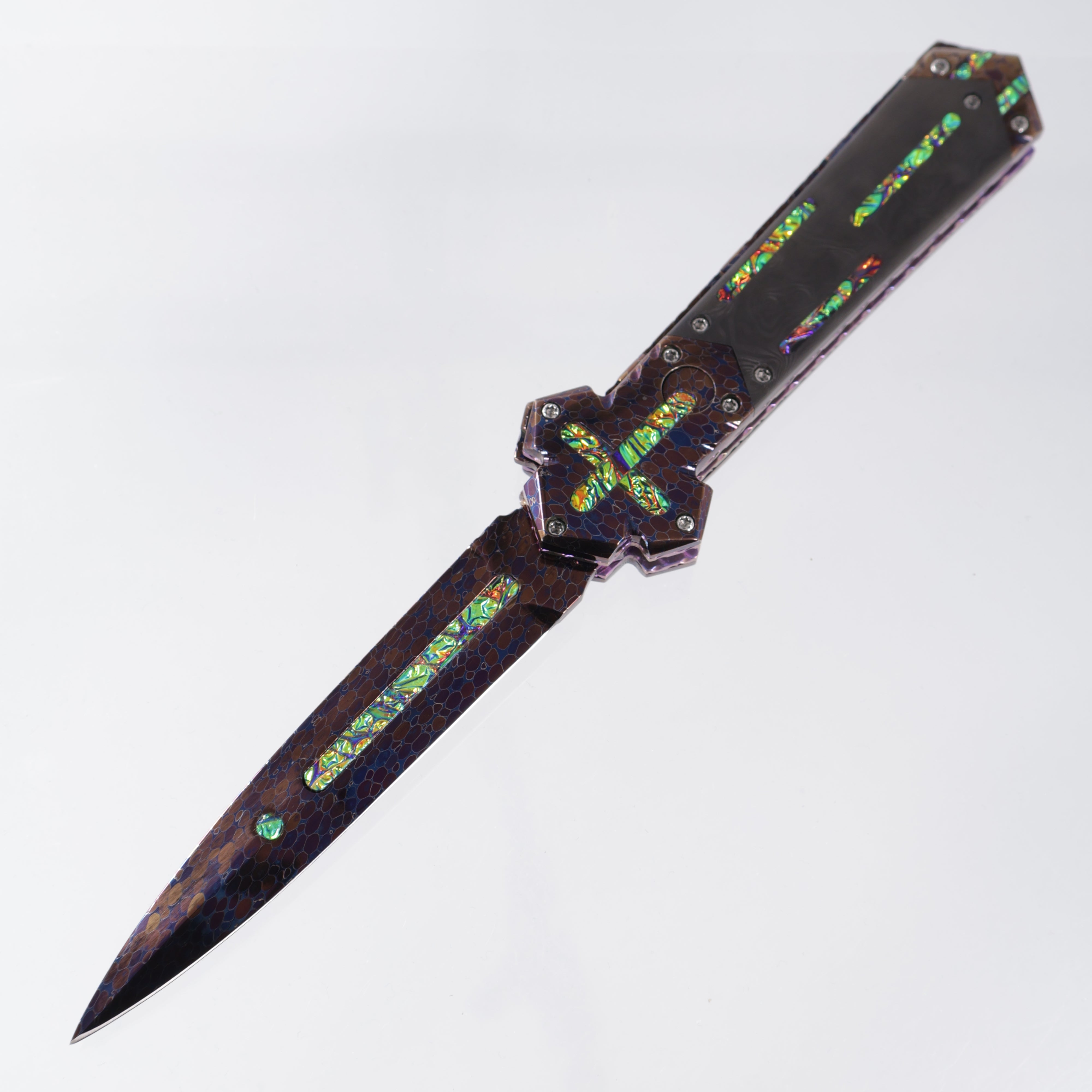 Brandon Vallotton Iron Cross - Enlightened Custom - Bertie Rietveld Dragonskin Bolsters w/ Black Dunes Fat Carbon & Diachrolam inlays - Bertie Rietveld Dragonskin Damascus Blade