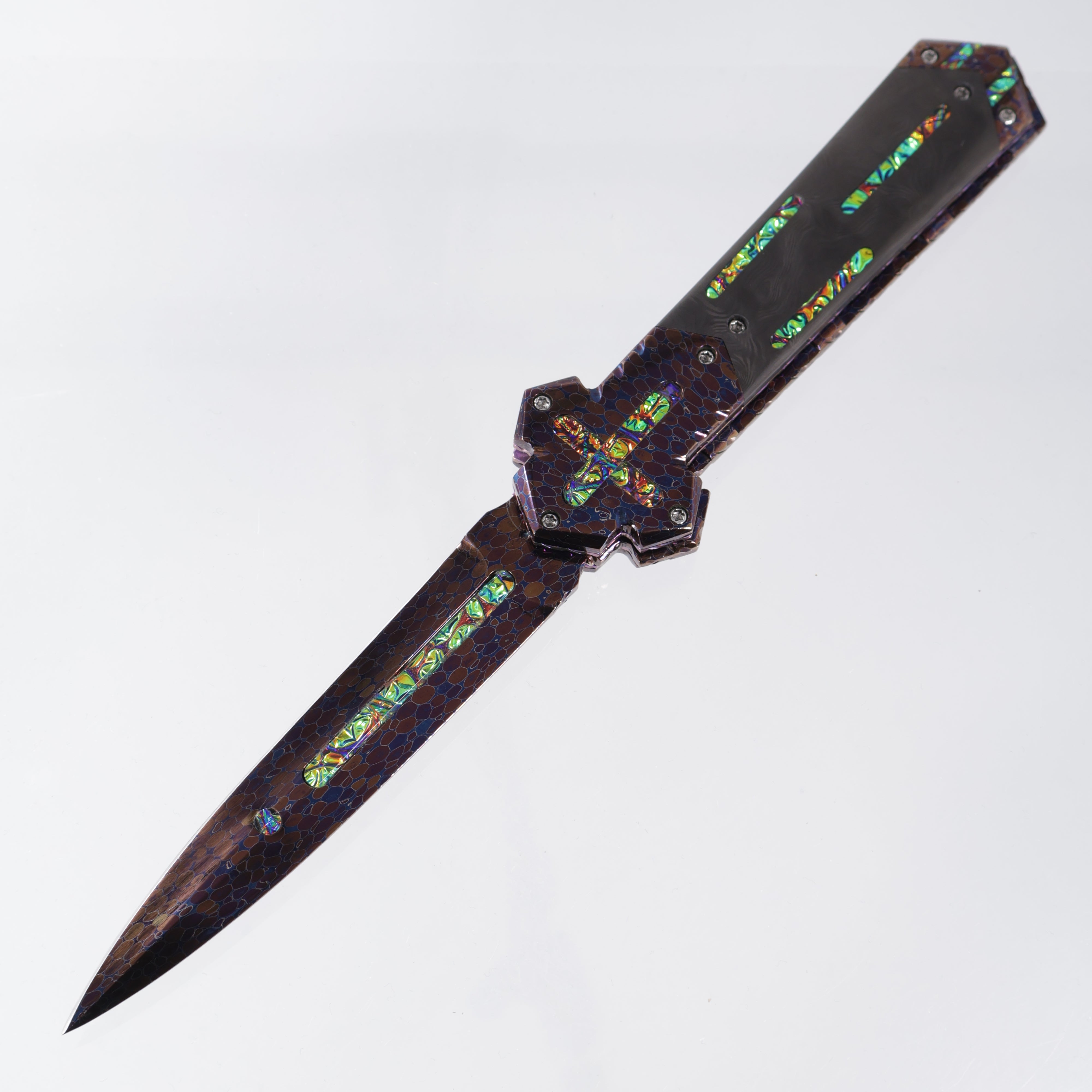 Brandon Vallotton Iron Cross - Enlightened Custom - Bertie Rietveld Dragonskin Bolsters w/ Black Dunes Fat Carbon & Diachrolam inlays - Bertie Rietveld Dragonskin Damascus Blade