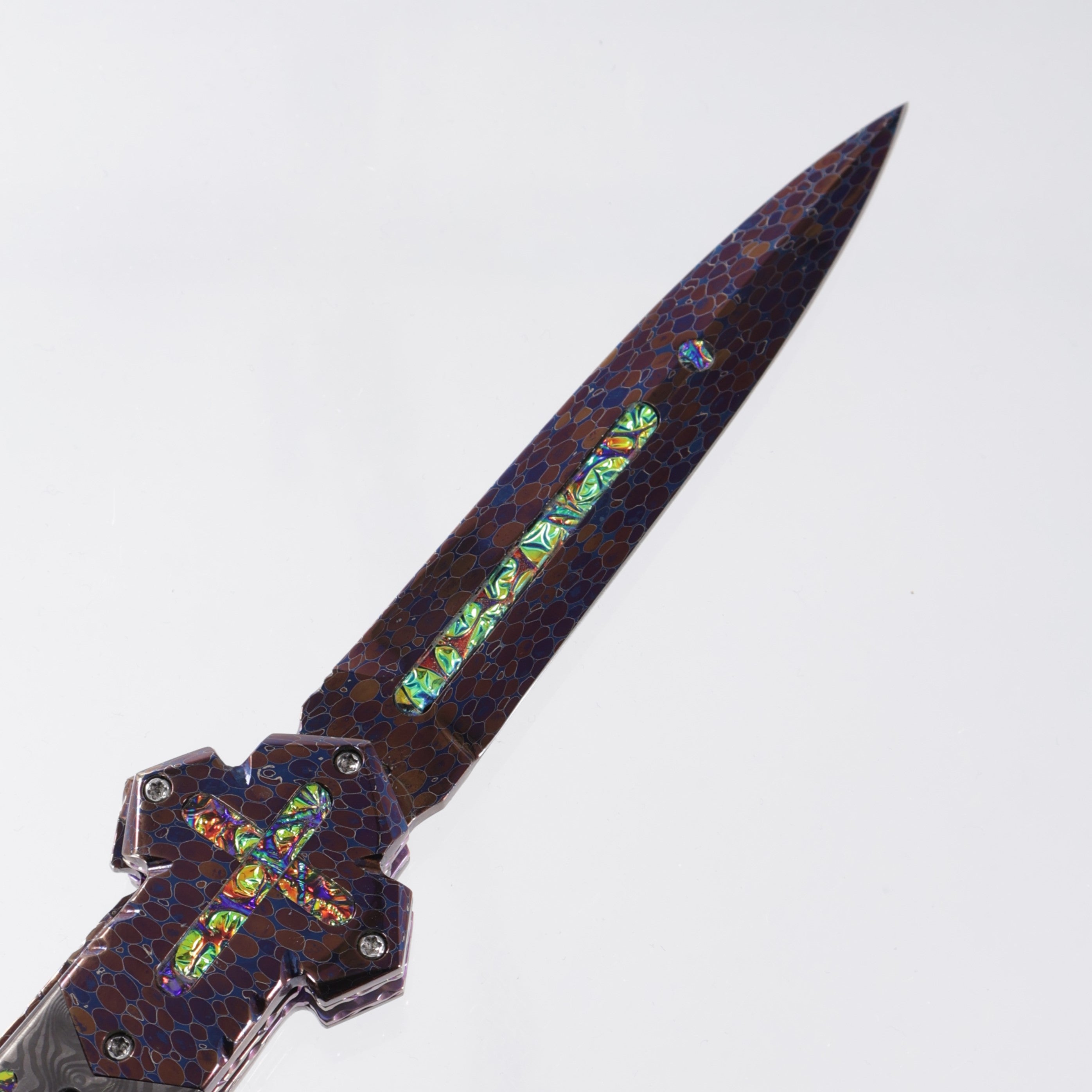 Brandon Vallotton Iron Cross - Enlightened Custom - Bertie Rietveld Dragonskin Bolsters w/ Black Dunes Fat Carbon & Diachrolam inlays - Bertie Rietveld Dragonskin Damascus Blade