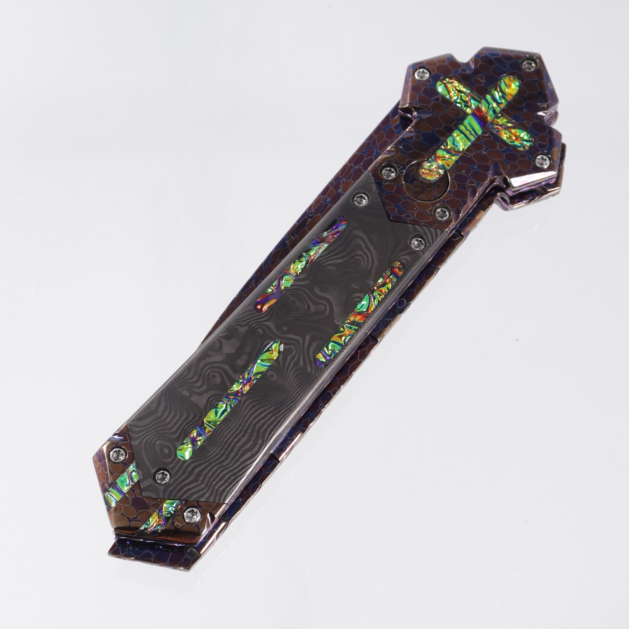 Brandon Vallotton Iron Cross - Enlightened Custom - Bertie Rietveld Dragonskin Bolsters w/ Black Dunes Fat Carbon & Diachrolam inlays - Bertie Rietveld Dragonskin Damascus Blade