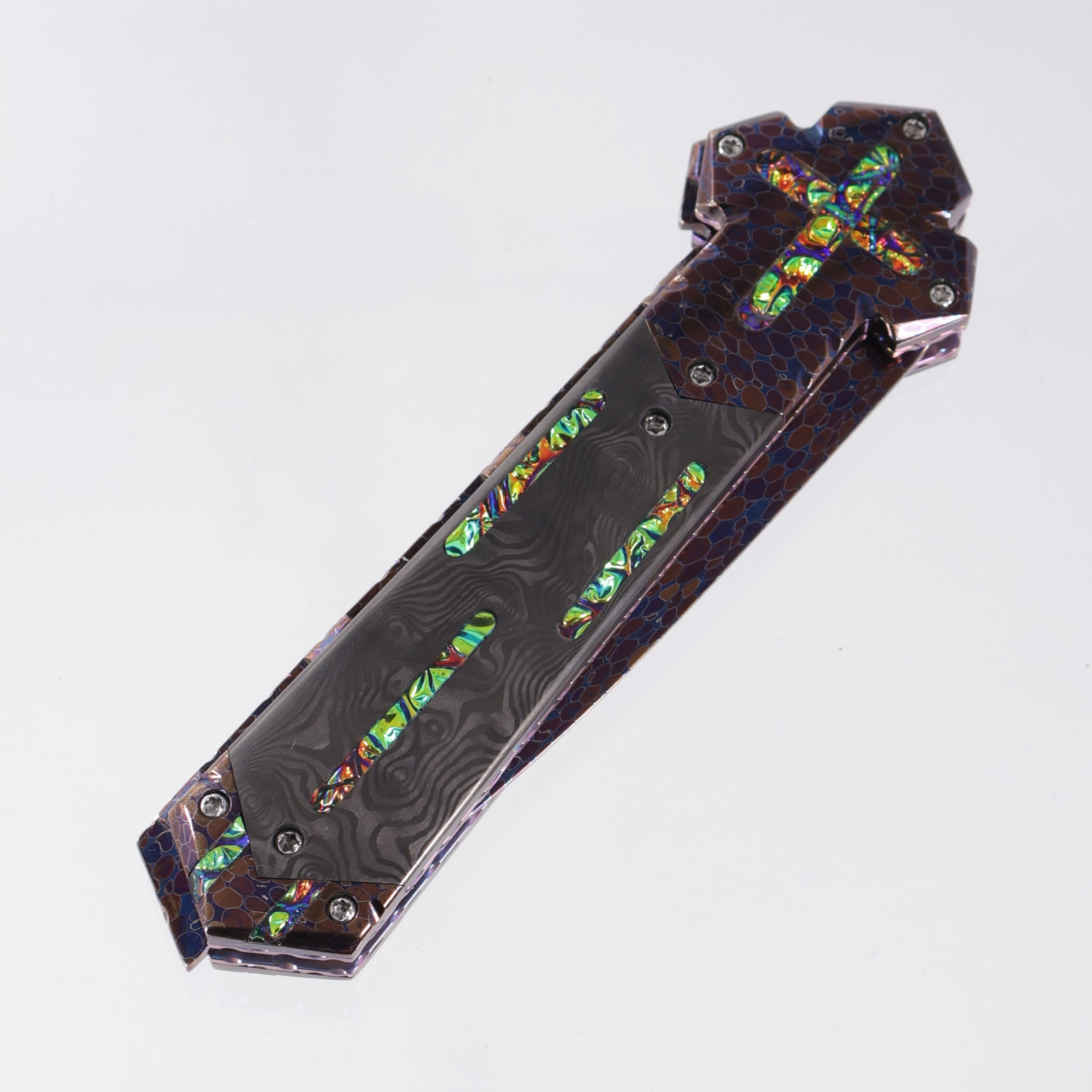 Brandon Vallotton Iron Cross - Enlightened Custom - Bertie Rietveld Dragonskin Bolsters w/ Black Dunes Fat Carbon & Diachrolam inlays - Bertie Rietveld Dragonskin Damascus Blade