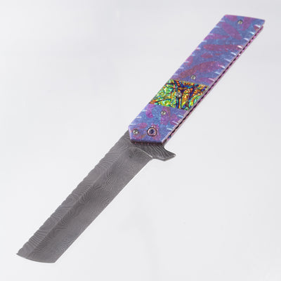 Brandon Vallotton Kaiken Flipper - Crystalized Titanium w/ Diachrolam Dragon Burl Bolsters - Timber Tiger Forge Explosion Damascus