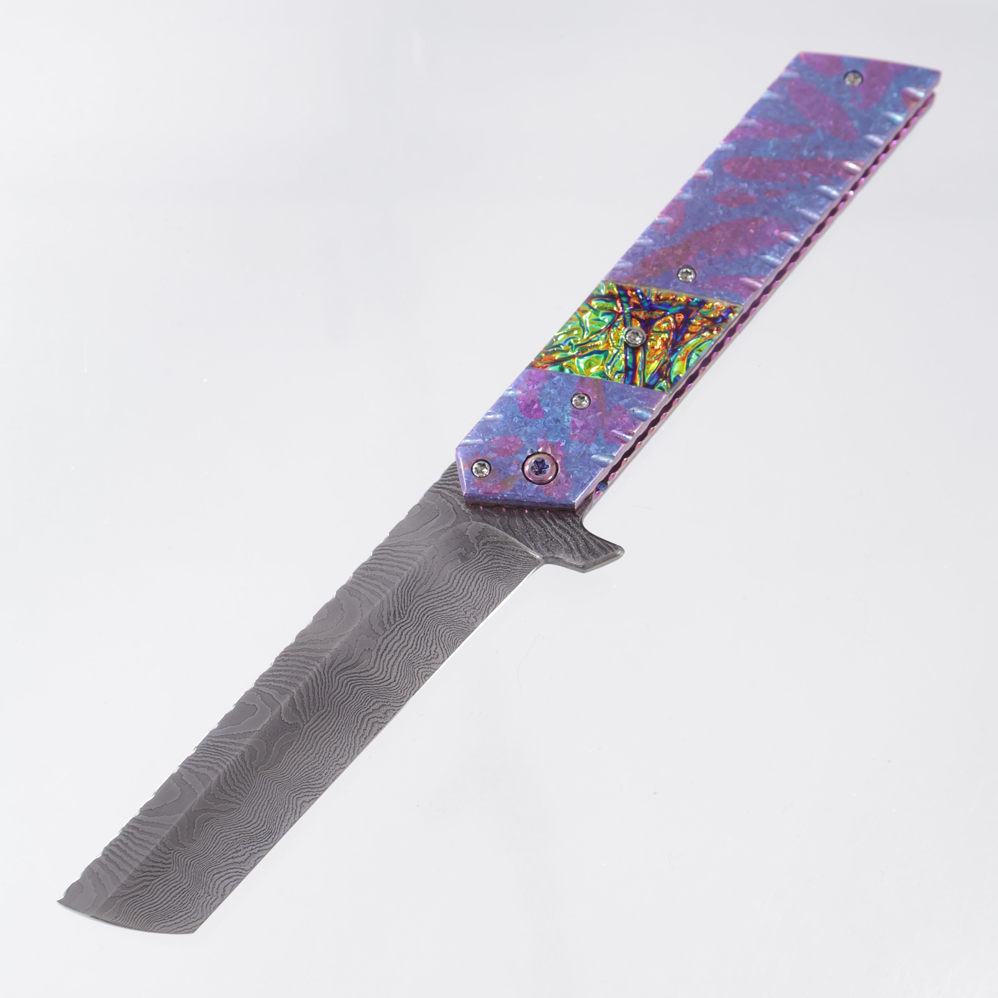 Brandon Vallotton Kaiken Flipper - Crystalized Titanium w/ Diachrolam Dragon Burl Bolsters - Timber Tiger Forge Explosion Damascus