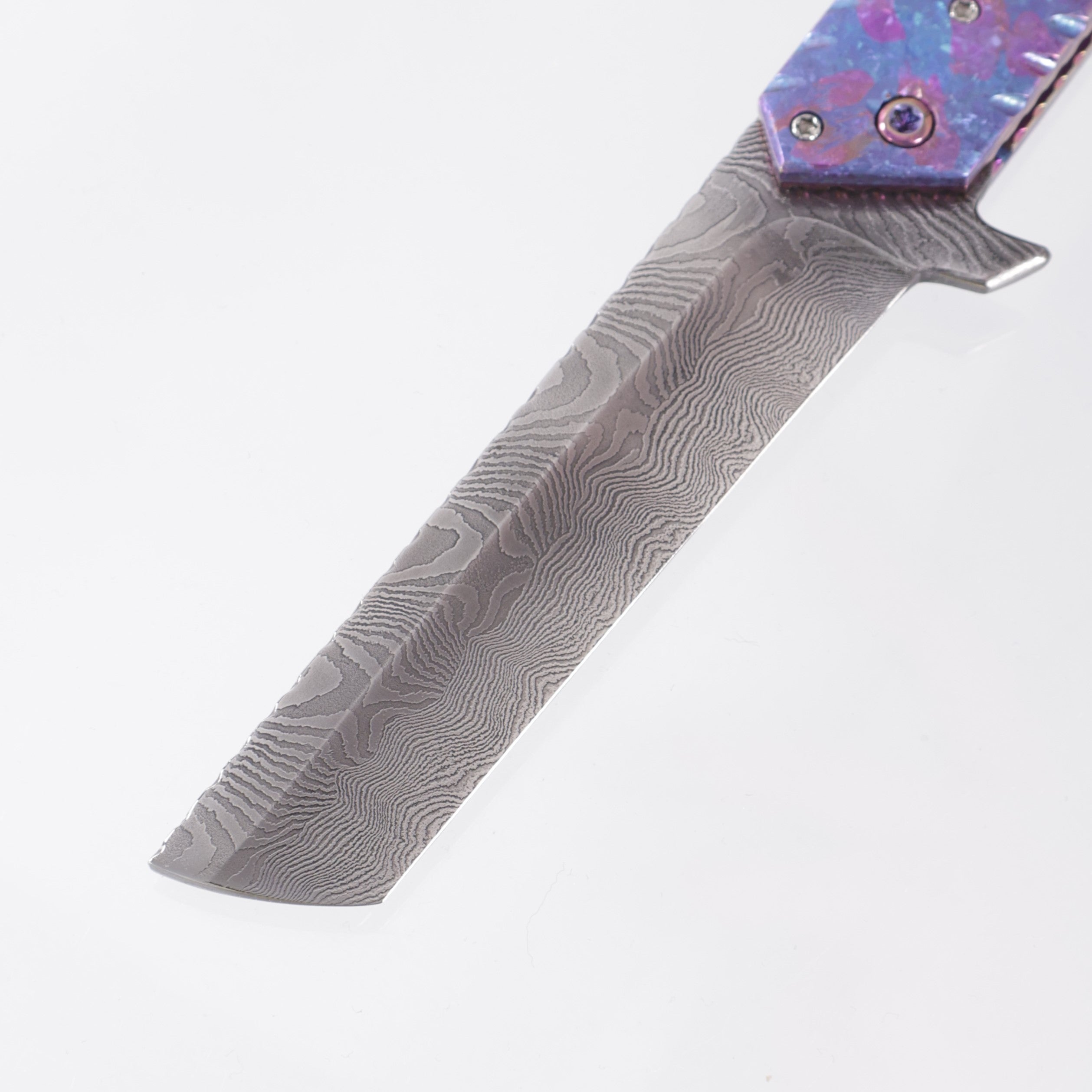 Brandon Vallotton Kaiken Flipper - Crystalized Titanium w/ Diachrolam Dragon Burl Bolsters - Timber Tiger Forge Explosion Damascus