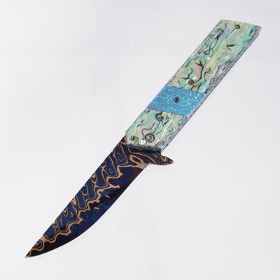 Brandon Vallotton Kaiken Flipper - Abalone w/ Crystalized Titanium Bolsters - Adam Deville Dragon Core Damascus