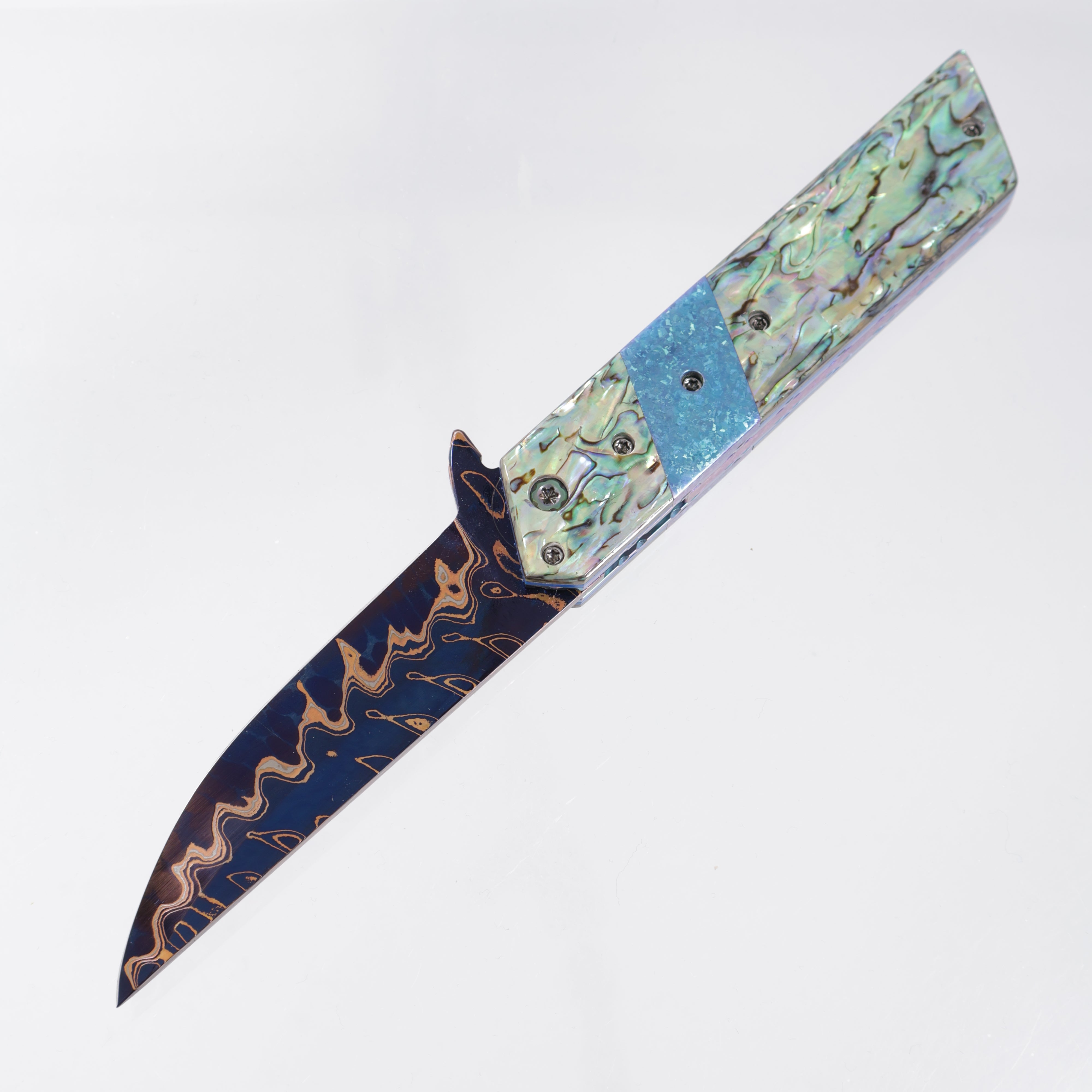 Brandon Vallotton Kaiken Flipper - Abalone w/ Crystalized Titanium Bolsters - Adam Deville Dragon Core Damascus