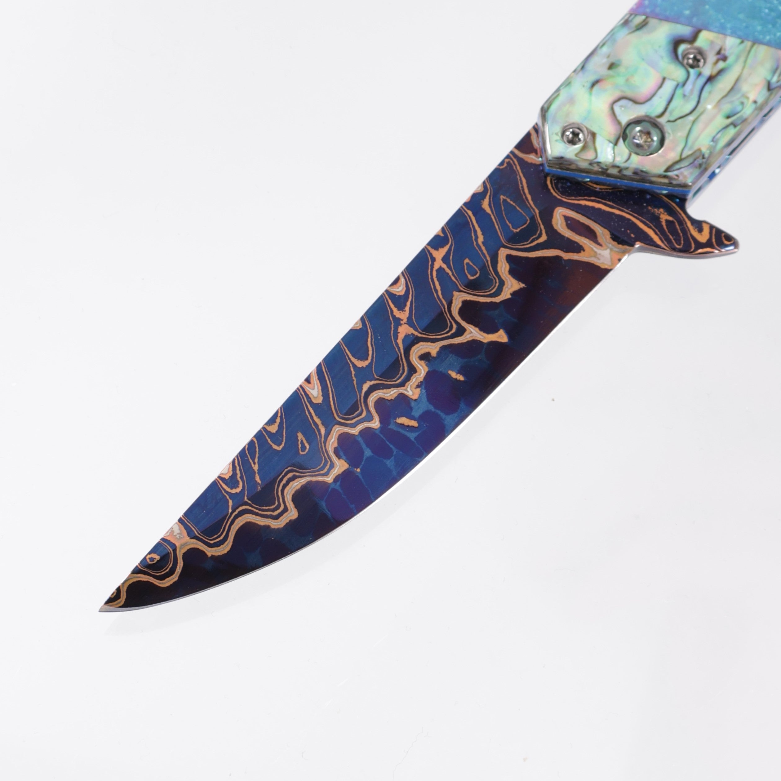 Brandon Vallotton Kaiken Flipper - Abalone w/ Crystalized Titanium Bolsters - Adam Deville Dragon Core Damascus