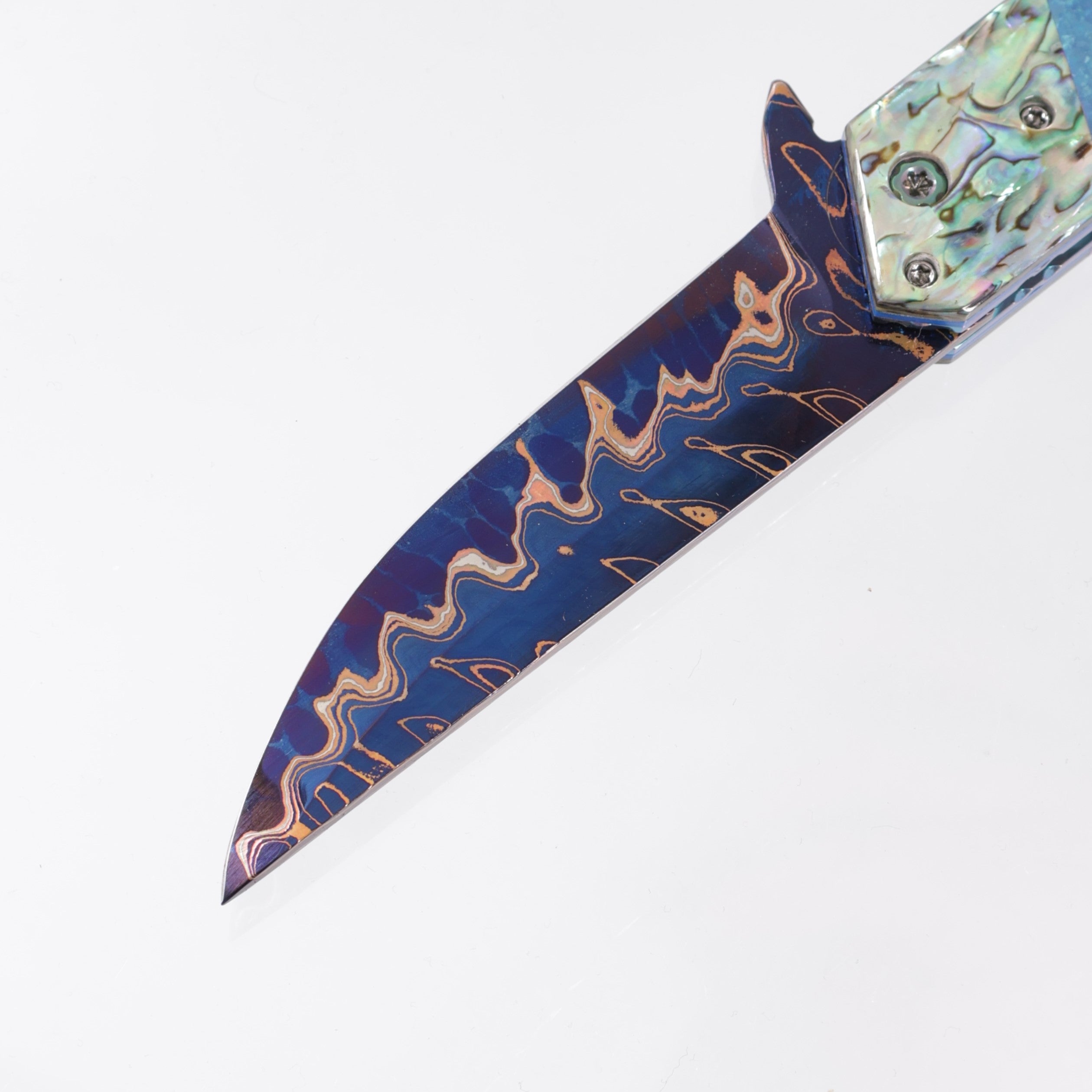 Brandon Vallotton Kaiken Flipper - Abalone w/ Crystalized Titanium Bolsters - Adam Deville Dragon Core Damascus